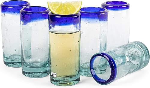 Miniatura 3 de FESTMEX Auténticos vasos de tequila mexicano soplados a mano, juego de 6 vasos de tequila con borde azul cobalto hechos de vidrio reciclado por