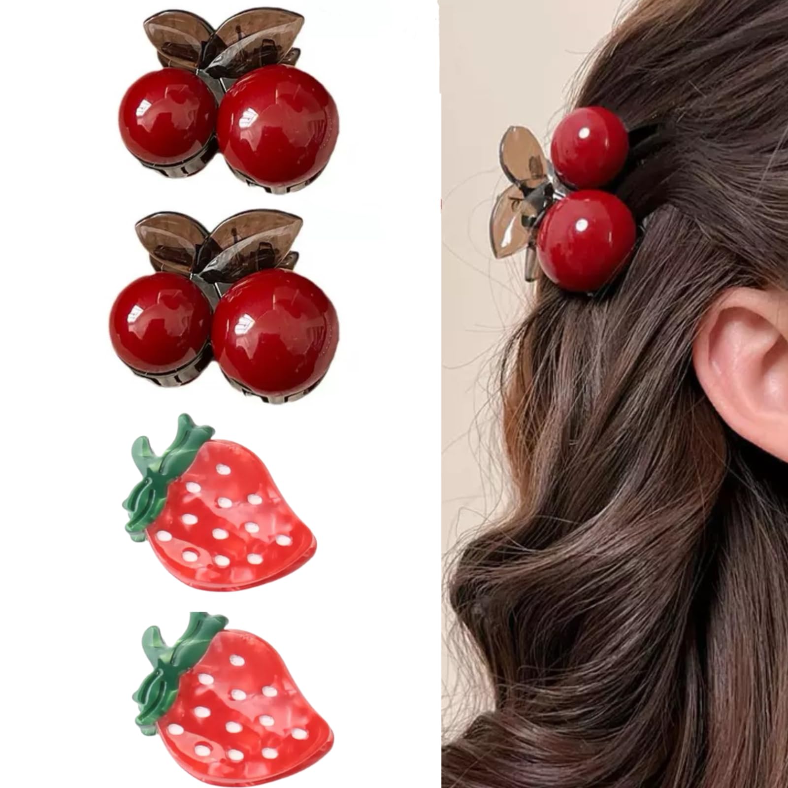 4PCS Mini Fruit Hair Claw Clips For Girls,In Red Cherry and Strawberry Shape For Hair Accessory,Small Cherry Hair Clips, Acrylic Hair Clips 4pc