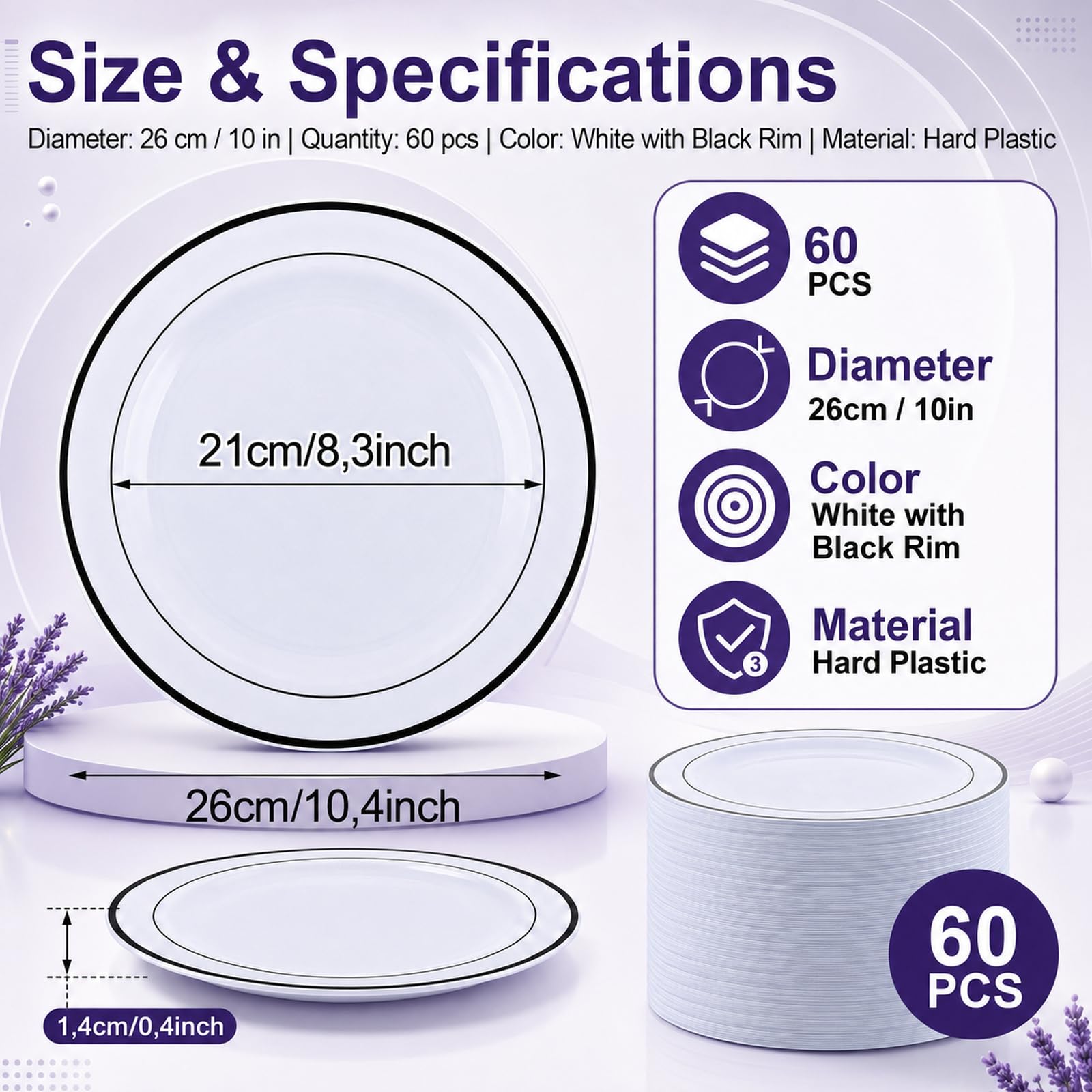 AKOLAFE 60 Stück Plastikteller 26 cm, Kunststoffteller Weiß mit Schwarzem Rand, Partygeschirr Mehrweg, Runde Partyteller für Hochzeit, Geburtstag, Buffet und Camping