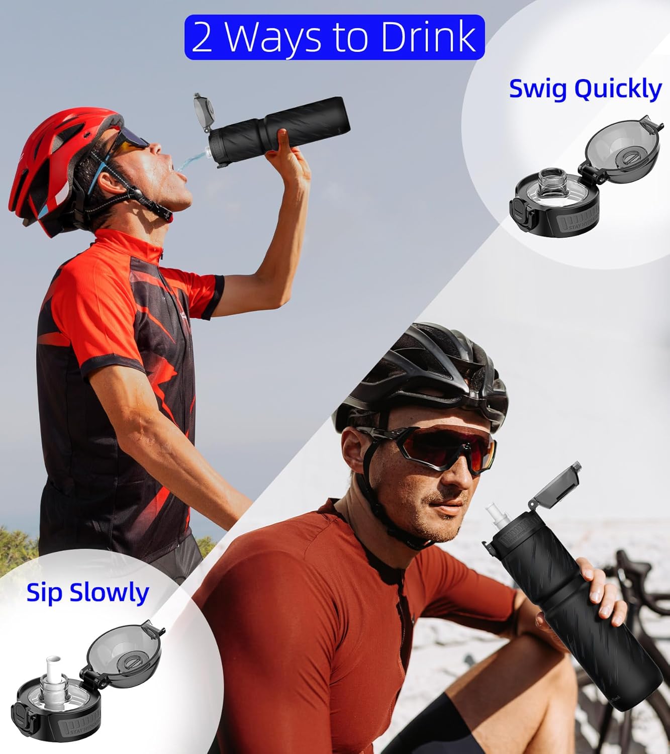 24oz/700ml Insulated Bike Water Bottle, Surgical Steel: No Plastic Taste, Stronger Grip for MTB & Gravel, Chug/Sip 2-in-1, Dirt Cap/Anti-Scratch (Black Storm) - Image 5