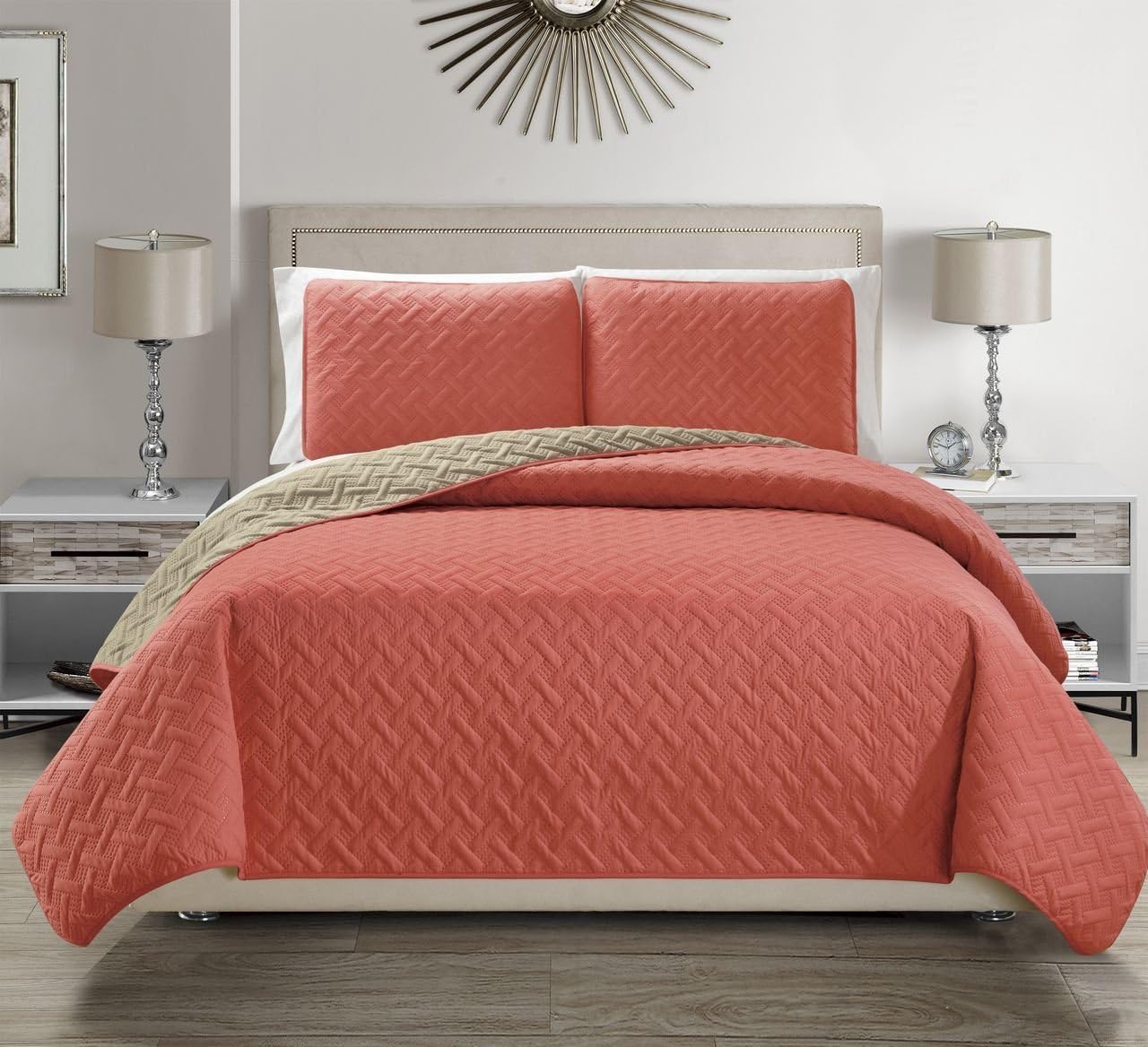KingLinen Embossed Geometric Reversible Bedspread/Quilt/Coverlet with Sham Set (Coral, Queen)
