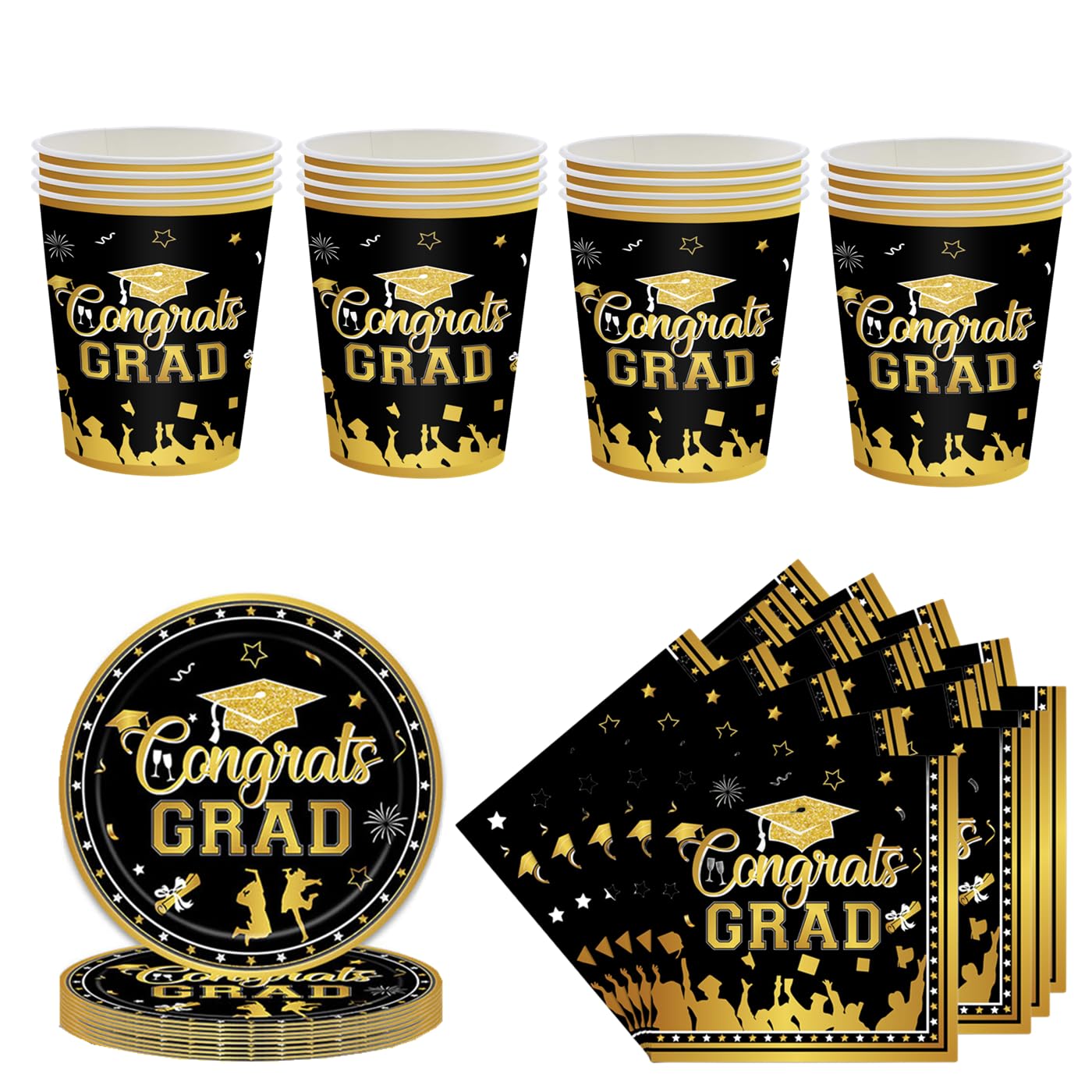 52Pcs Black Gold Graduation Tableware Kit for 16 Guest,2025 Graduate Paper Tableware 16Pcs Plates,16Pcs Paper Cups and 20p Napkin in Gold,Graduation Dinnerware Set for Grad Party Decor Supplies