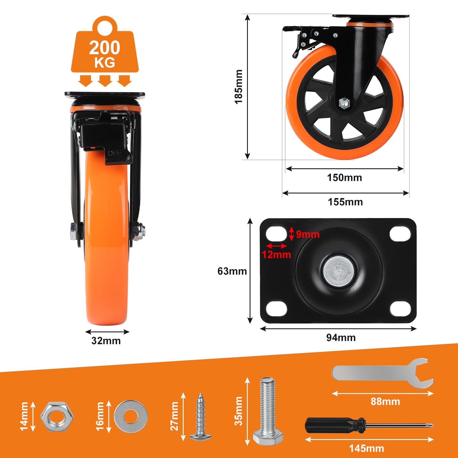 CPROSP Ruote per Carichi Pesanti con Freno, 150 mm, Portata: 800 kg | In Acciaio Inox; per Esterni; Set da 4 Pezzi
