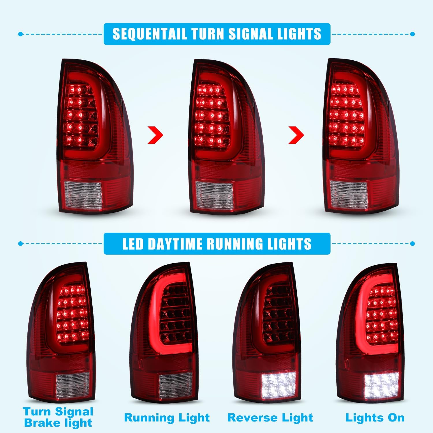 ROXX Full LED Sequential Tail Lights for Toyota Tacoma 2005-2015, LH & RH C Shape LED Lamps Tail Light Brake Parking Lamps with Red Sequential Turn Signal Indicator Black Housing Red Lens