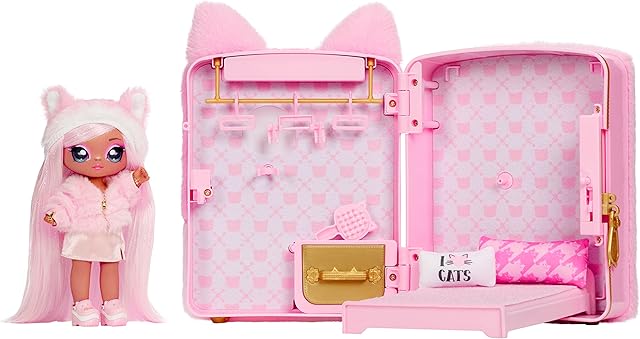 Na Na Na Surprise 3-in-1 Backpack Bedroom Playset with Fashion Doll - REENA DE LA ROSA - Includes Fuzzy Pink Kitty Backpack with Cat Ears and Closet with Pillows & Blanket - For Kids, Ages 5+ Years