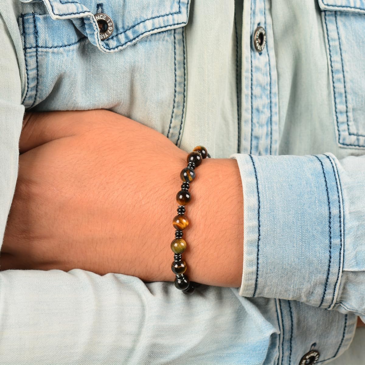 Tigers Eye Hematite and Black Agate Mens Bracelet with Thickened Stainless Steel Adjustable Chain Chakra Protection mens Jewelry Ideal for Yourself Father and Friends