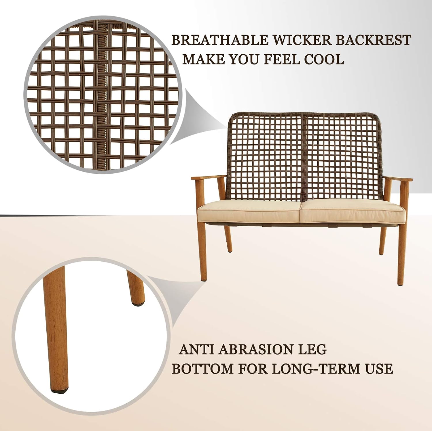 Festival Depot 5 Pieces Patio Outdoor Conversation Set with Metal Side Coffee Table Wooden-Color Steel Armchairs Loveseat with Cushions (5pc Patio Armchair Sets, Khaki)