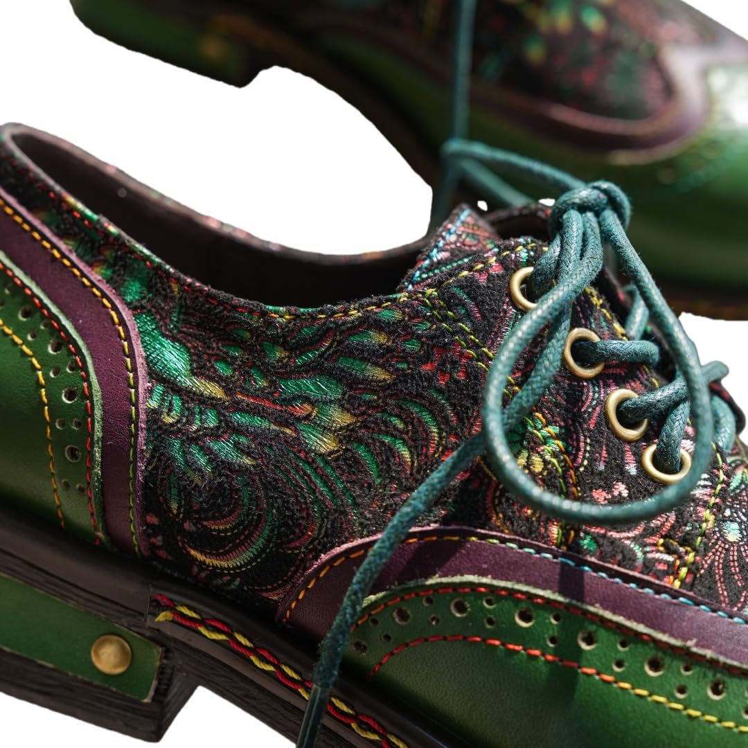 CrazycatZ Women's Leather Oxford Shoes Perforated Lace up Wingtip Colorful Leather Oxfords Vintage