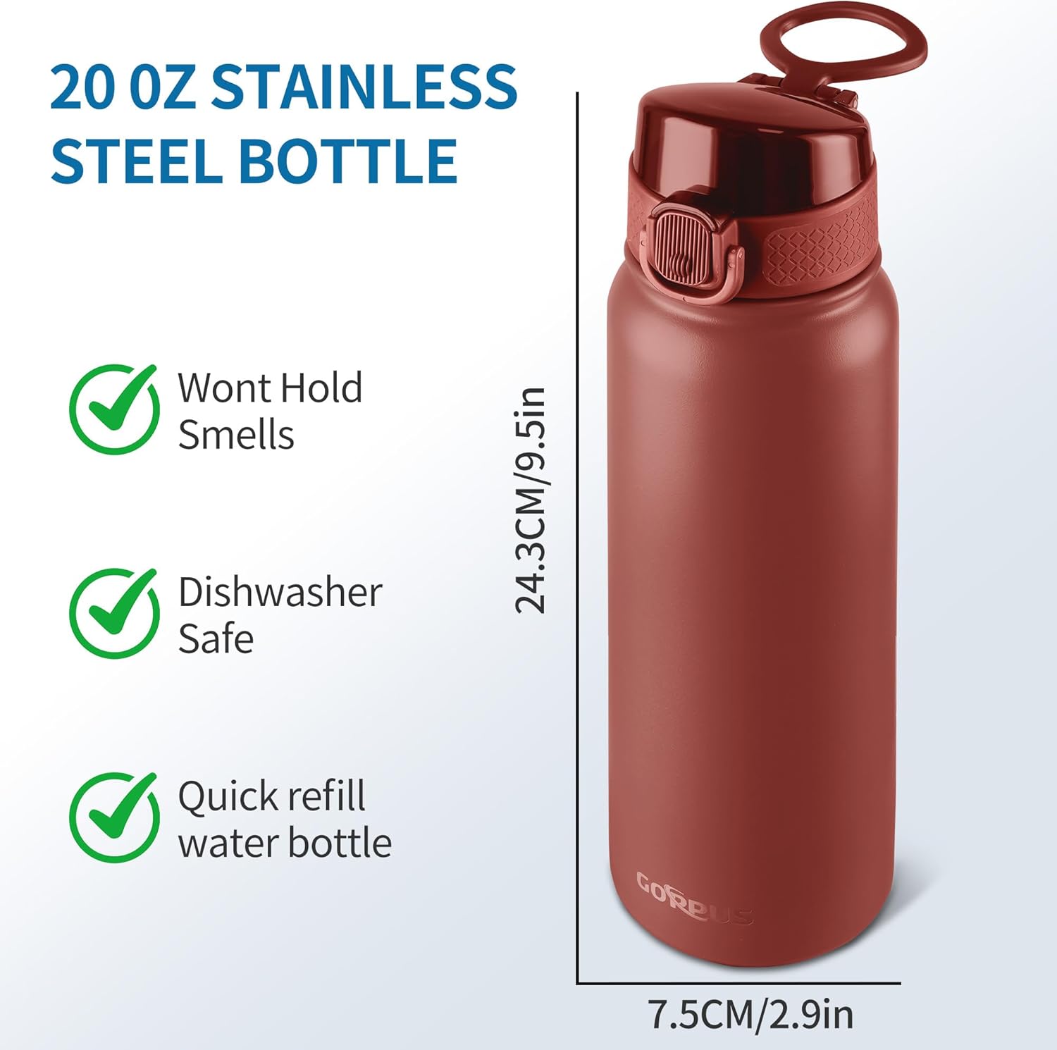 GOPPUS 20 Oz Insulated Stainless Steel Water Bottle BPA-Free Sports Water Bottle, Great for Travel, with Chug Lid - Leak & Sweat Proof with Anti-Dust Lid(red) - Image 6