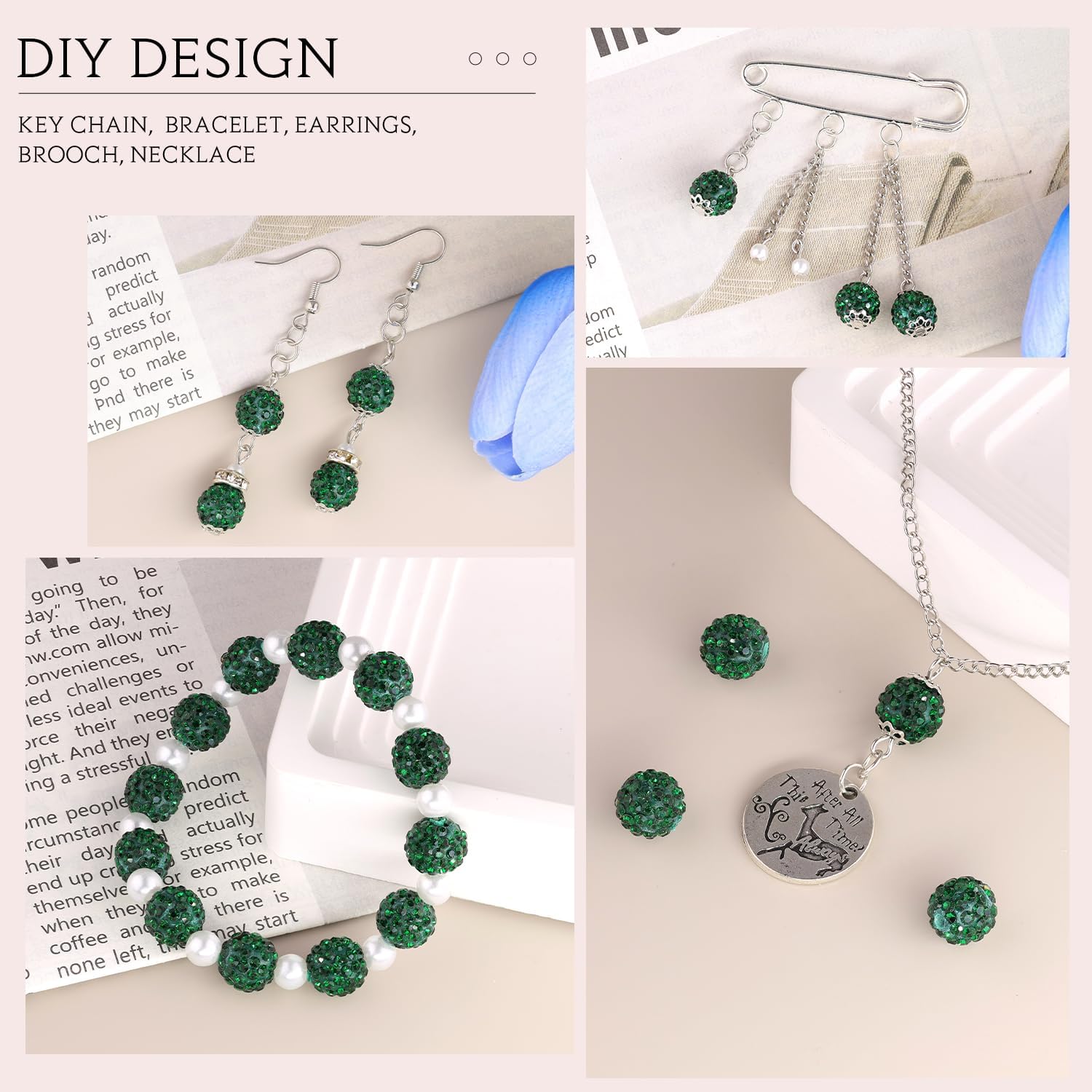 100 pcs 10mm Rhinestone Beads for Jewelry Making, Dark Green Shiny Round Shamballa Disco Beads Bulk, Sparkle Crystal Clay Christmas for Bracelet Baseball Necklace Earring Crafting and DIY - Image 5