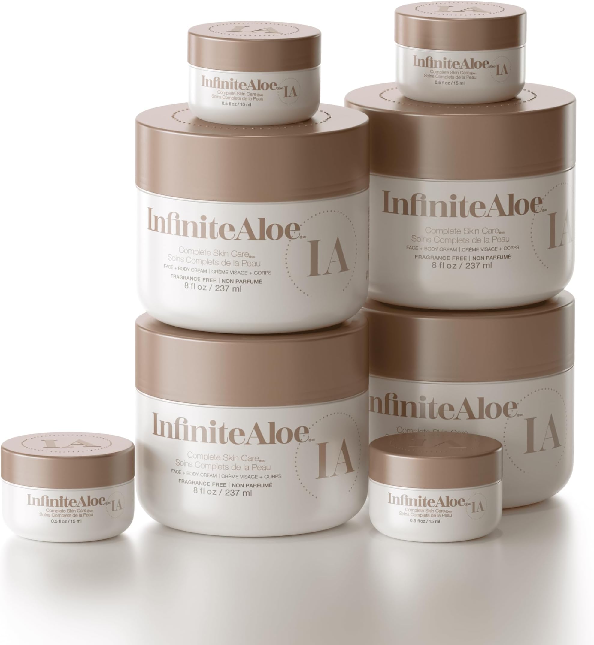 InfiniteAloe Complete Skin Care, Aloe Vera Powered Face and Body Cream for Dry Skin Relief, Fragrance Free - 4 Large Jar 8 oz & 4 Travel Jar 0.5 oz