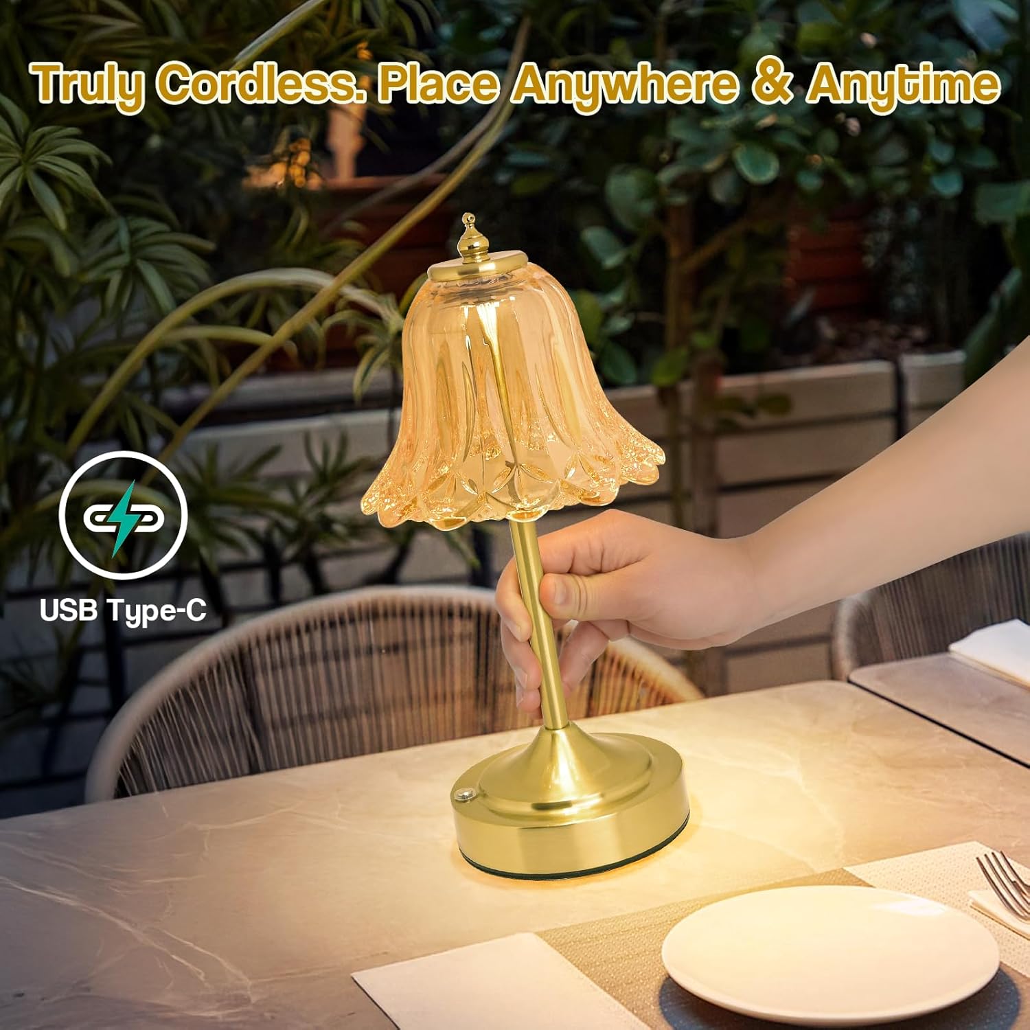 Cordless Table Lamp, Rechargeable 5200mAh Battery Lamp, Flower-Inspired Crystal Small Cordless Lamp with 3 Color Dimmable Touch Control for Bedroom Nightstand Living Room Decor