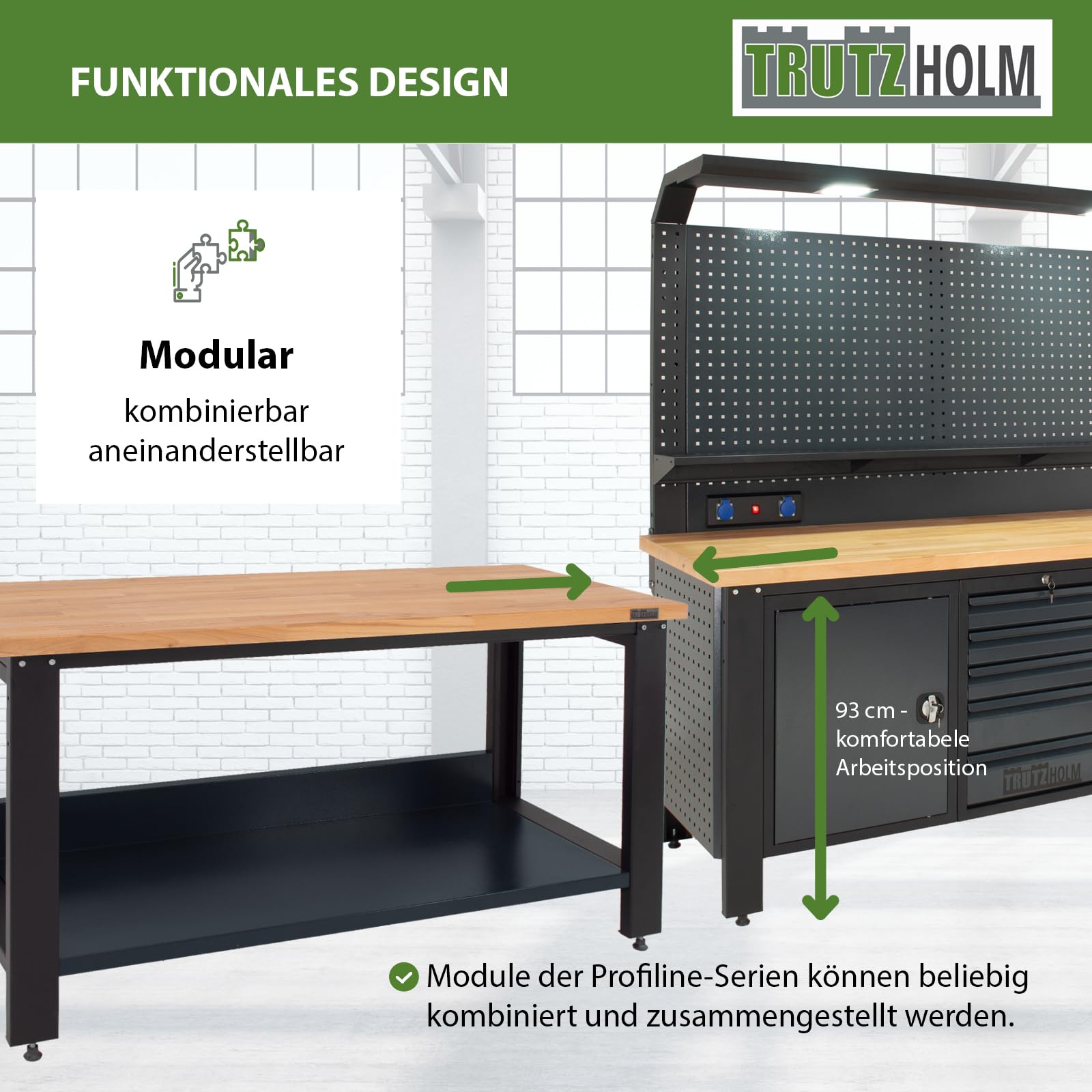 TRUTZHOLM Werkbank Profiline XXL 170 x 69 cm, 1000 kg Traglast, freistehender Werkstatttisch mit massiver Hartholzplatte, Robustes Stahlgestell, Arbeitshöhe 93 cm, anthrazit