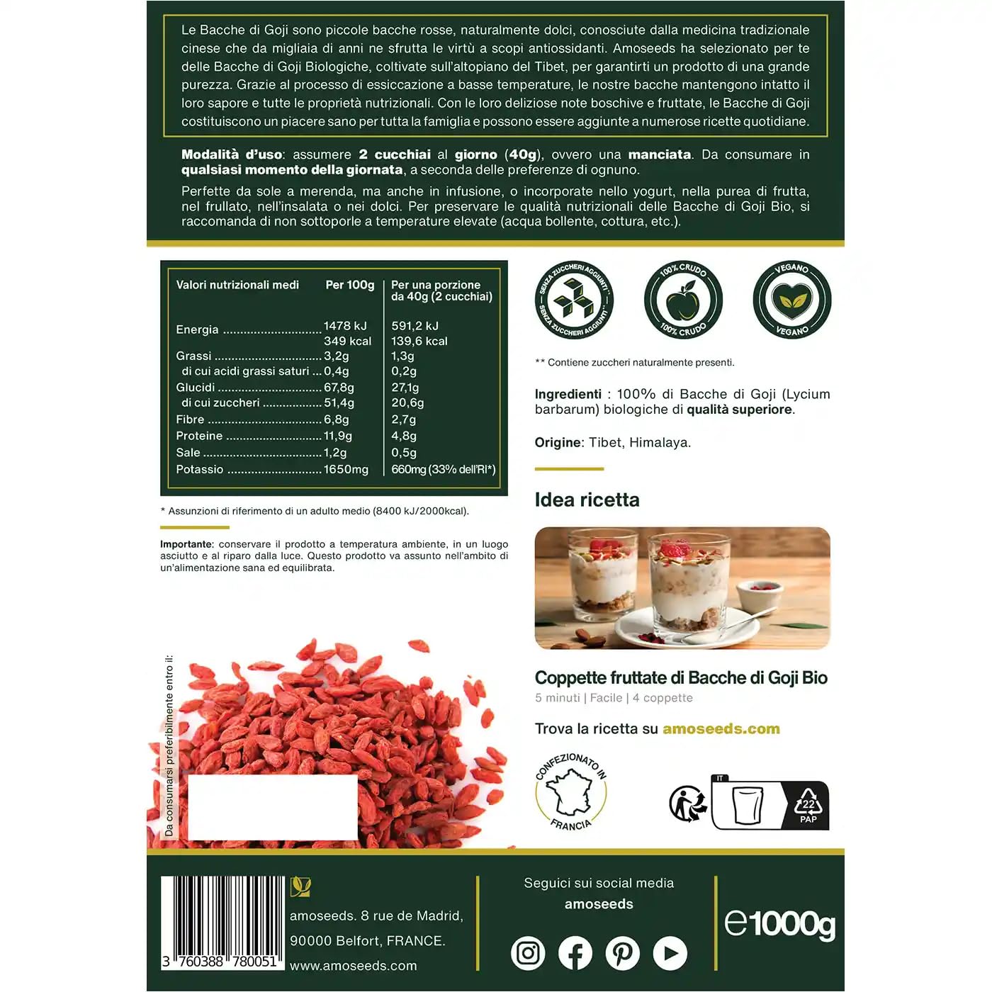 Bacche di Goji BIO 1KG | Himalaya, Essiccate al sol, Senza Zuccheri Aggiunti | 100% crude | Qualità Superiore