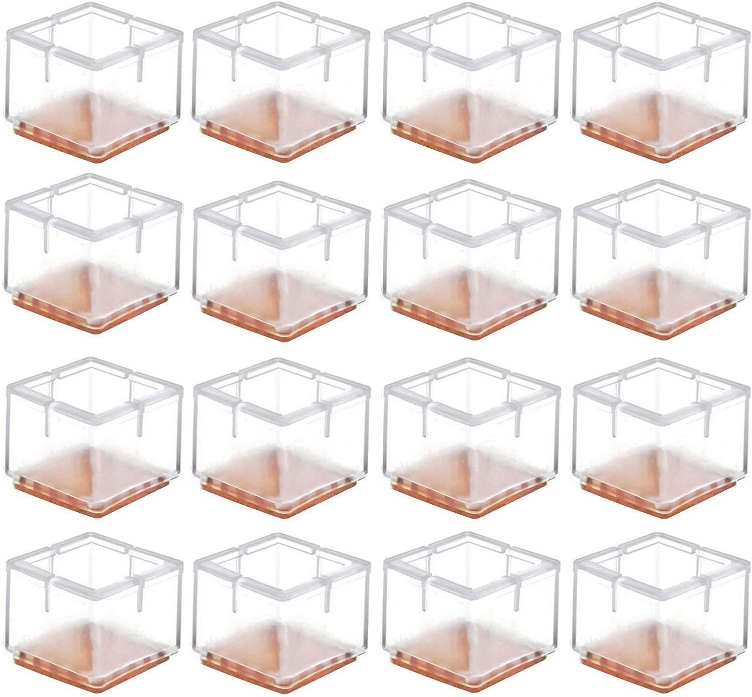 Chair Leg Caps, Square Clear Silicone Table Furniture Leg Feet Tips Covers Wood Floor Protectors, Felt Pads,Fit Square Length 1-1/4 to 1-3/8 Inch,16 Pack