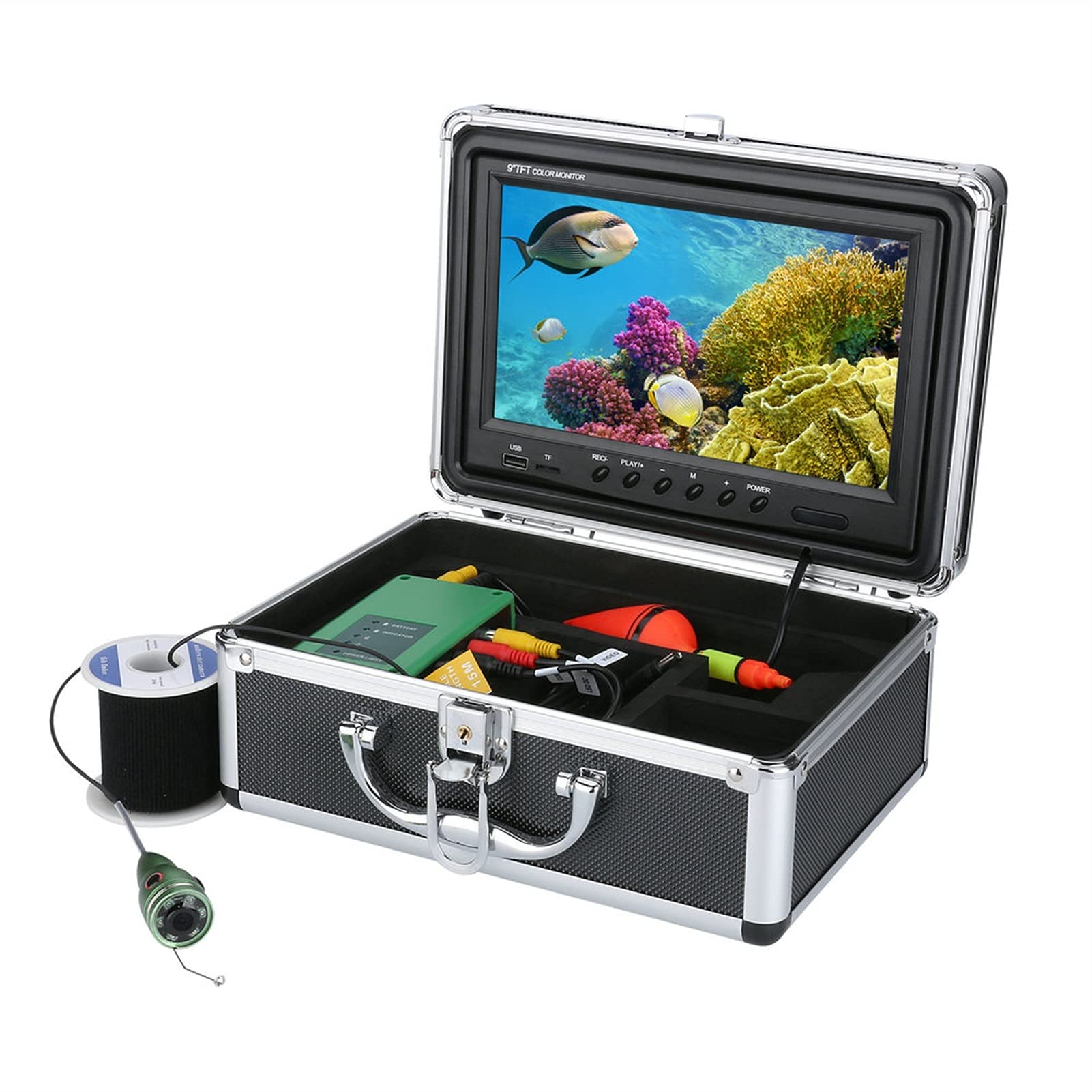 Cámara de Pesca, 9 pulgadas DVR Cámara de video de pesca bajo el agua 100 0TVL Localizador de peces HD Cámara de pesca impermeable de la grabadora con 6pcs. 1W IR LED ,Cámara de pesca submarina(White
