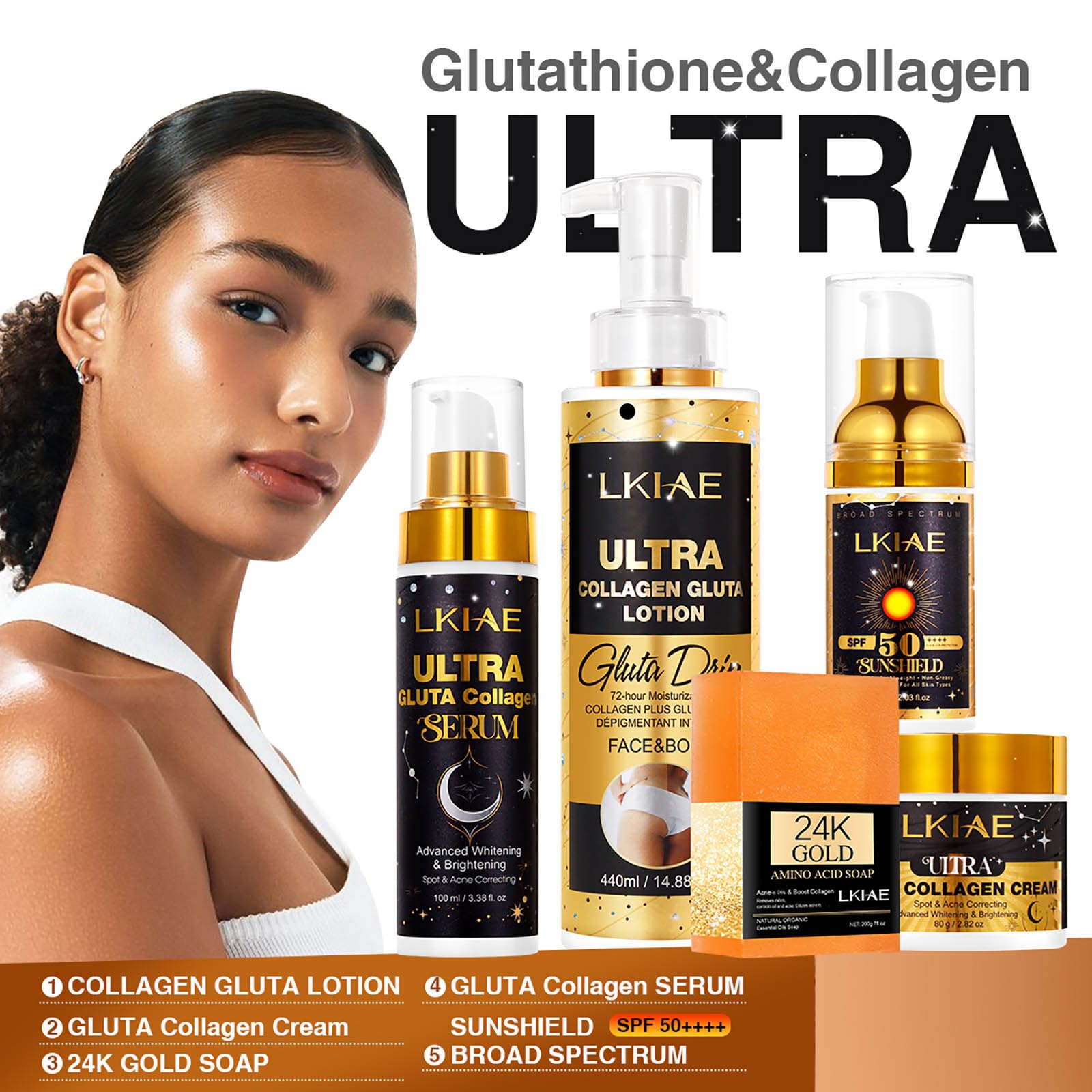 LKIAE Ultra Glutathione and Collagen Whitening Skin Care Set, Moisturizing, Reduce Dark Spots, Melanin, Hyperpigmentation
