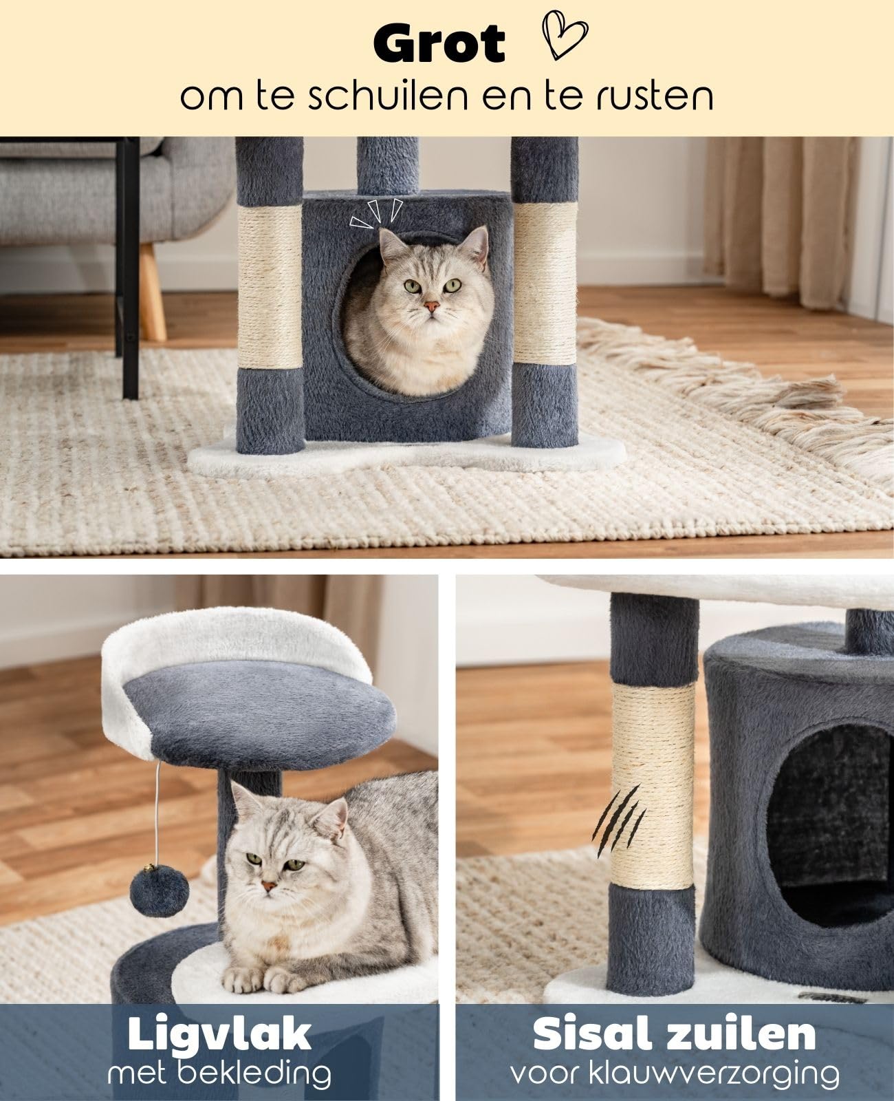 lionto krabpaal voor katten met hol en pluche bal incl. belletje, hoogte 85 cm, kattenboom met pluche, comfortabele ligplaats, voor kleine & grote katten, bruin