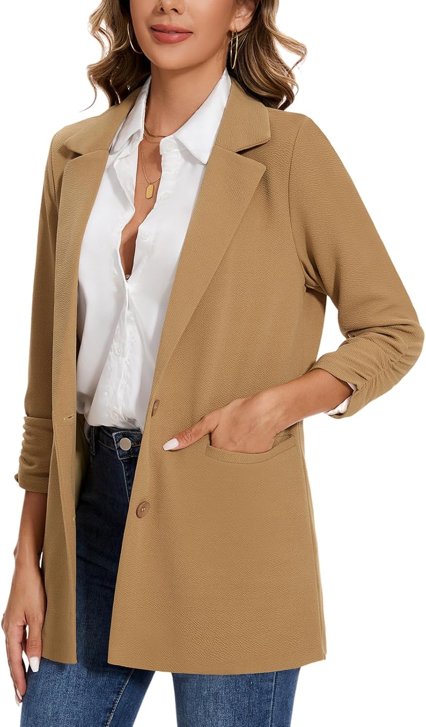 MINTLIMIT Women's Casual Long Blazer 3/4 Ruched Sleeve Lapel Button Front Work Office Blazers Suit Jacket with Pockets - Image 6