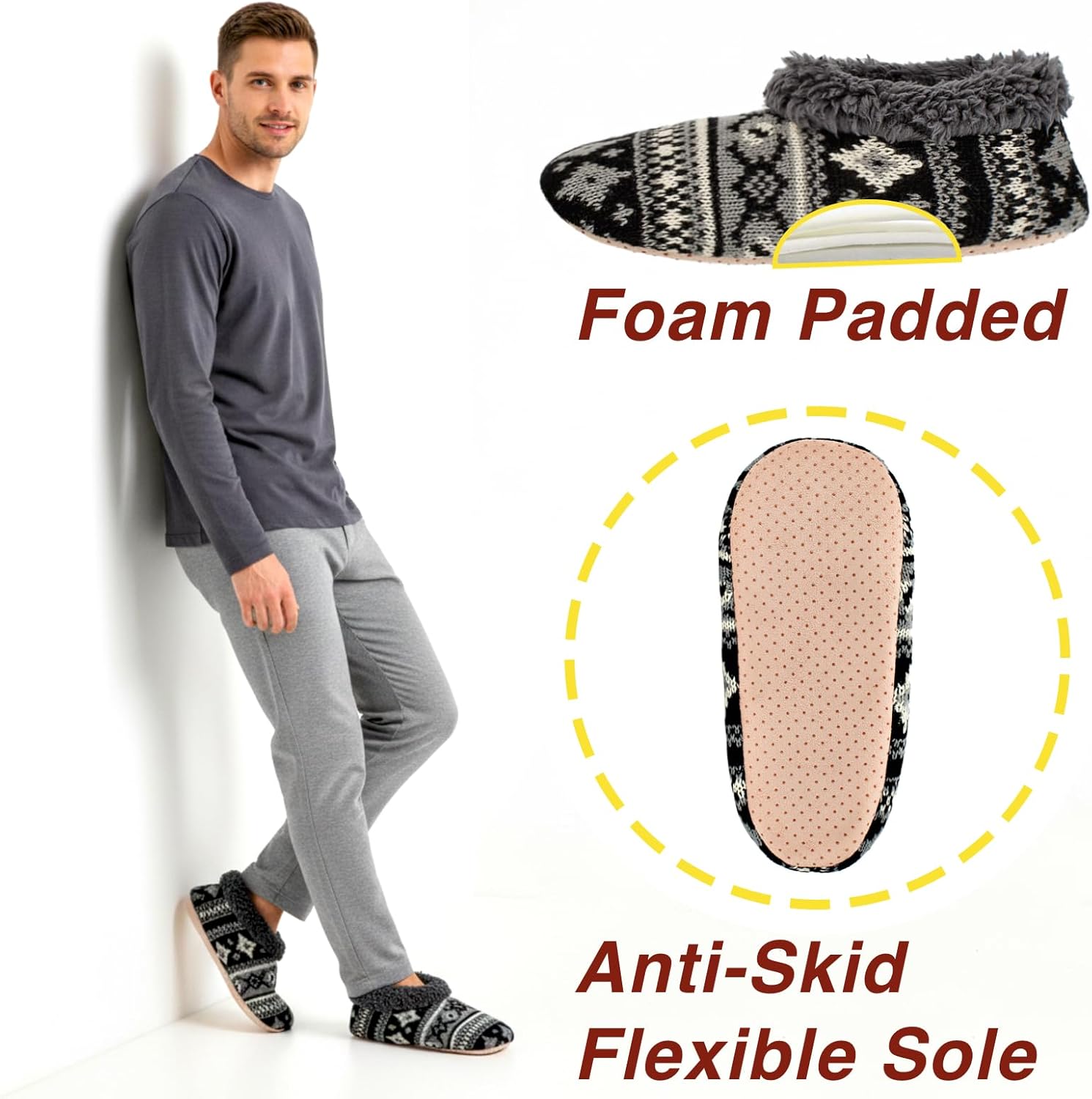 cosyone1997 2-Pair Men's Slipper Socks Fluffy Sherpa Lined, Winter Cable Knit Warm Gripper Sock Set Non-Skid Soles, Cozy Gifts for Men, Sizes 8-15 - Image 5