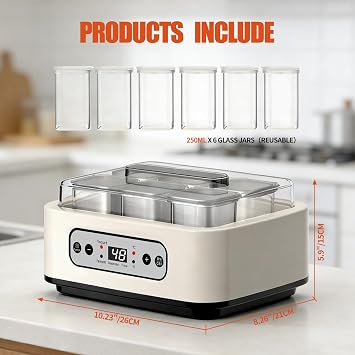 Yoghurt Maker 1500ml with 6x250ml Glass Jars, Electric Yogurt Maker | Yoghurt Making Machine with LED Display, Adjustable Time and Temperature, For Making Organic Yogurt, Homemade Desserts