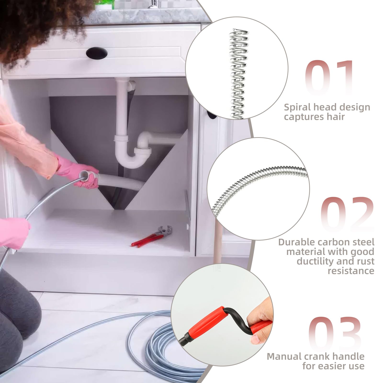 Spirale per la pulizia dei tubi, 5 m x 6 mm, pulitore di scarico a spirale, per lavabo, vasca da bagno, WC, doccia, ostruzione ostinata