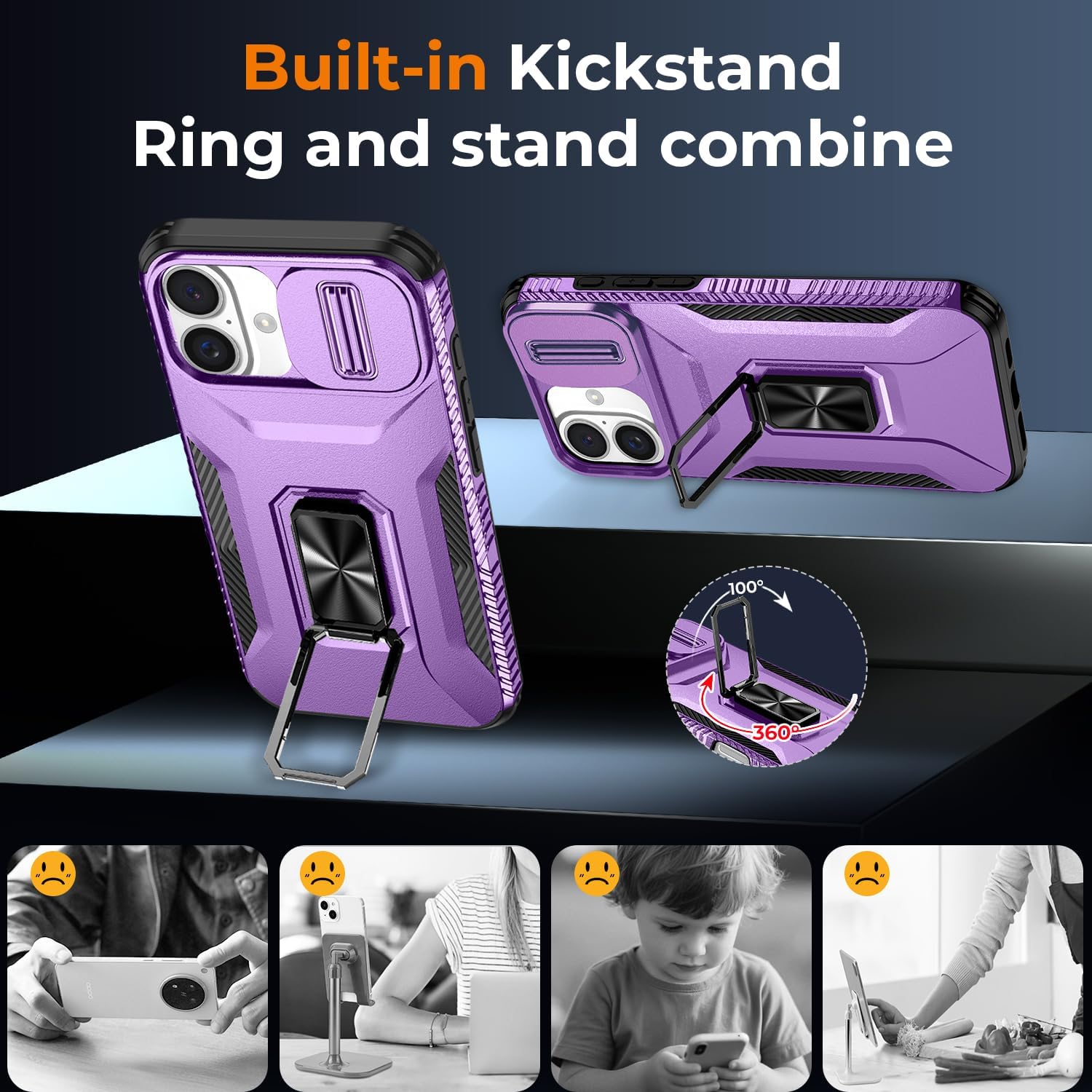 Case for iPhone 16 Plus with Slide Camera Cover+Screen Protector(2 Packs), Military Grade Shockproof Protective Cover, Rotated Ring Kickstand(A - Violet) image 5
