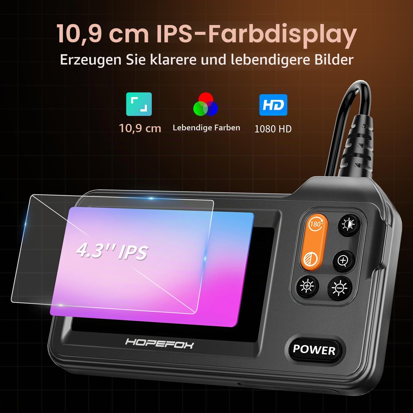Endoskopkamera mit Licht 5M, Hopefox 1080P HD Industrie Endoskop Kamera mit 8 LEDs, 4,3 Zoll IPS Bildschirm Inspektionskamera, 8mm IP67 Wasserdicht Kanalkamera Rohrkamera