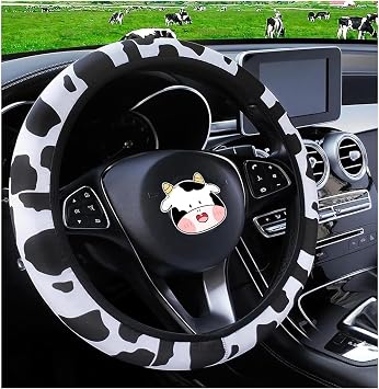 SuperKaKa Black Cow Print Steering Wheel Cover,Cute Auto Slip-Proof Breathable Cow-Pattern Covers Protector Universal Car Interior Accessories for Women Men