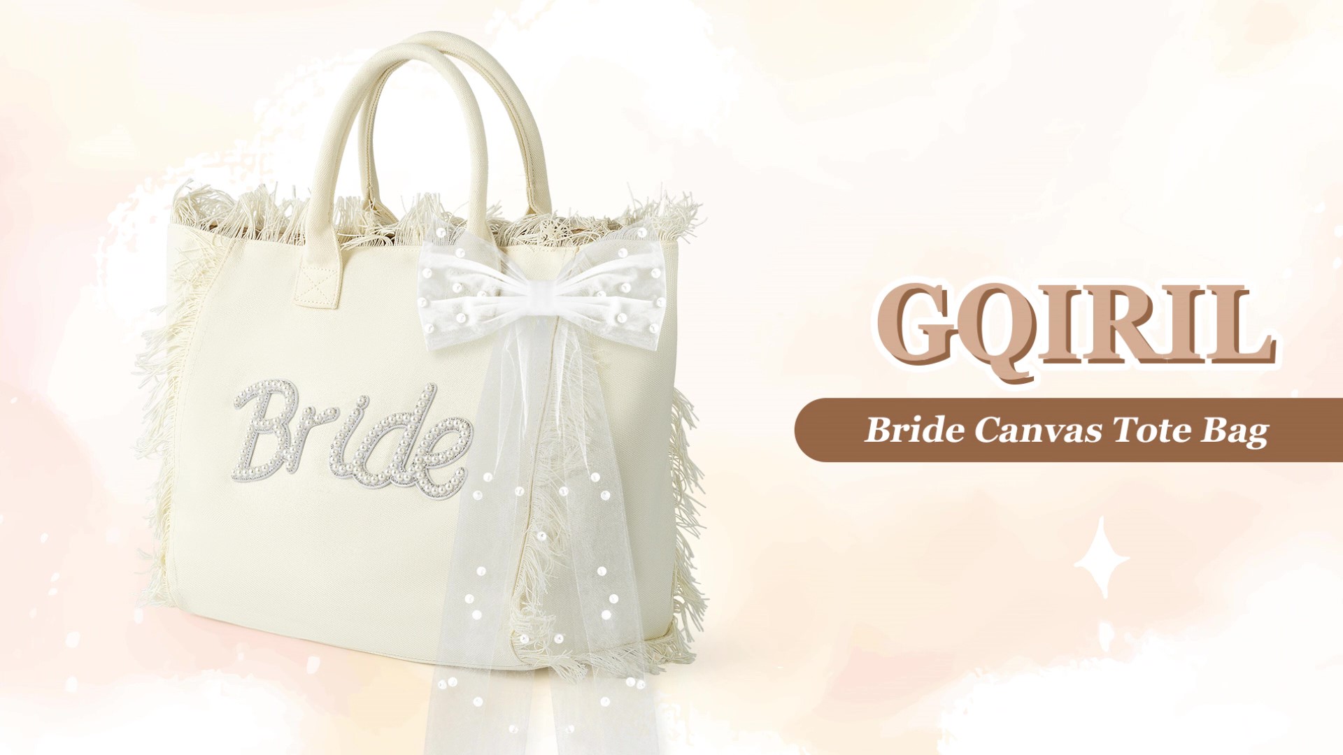 Bolso tote de lienzo para novia grande con lazo y flecos blancos miniatura 7