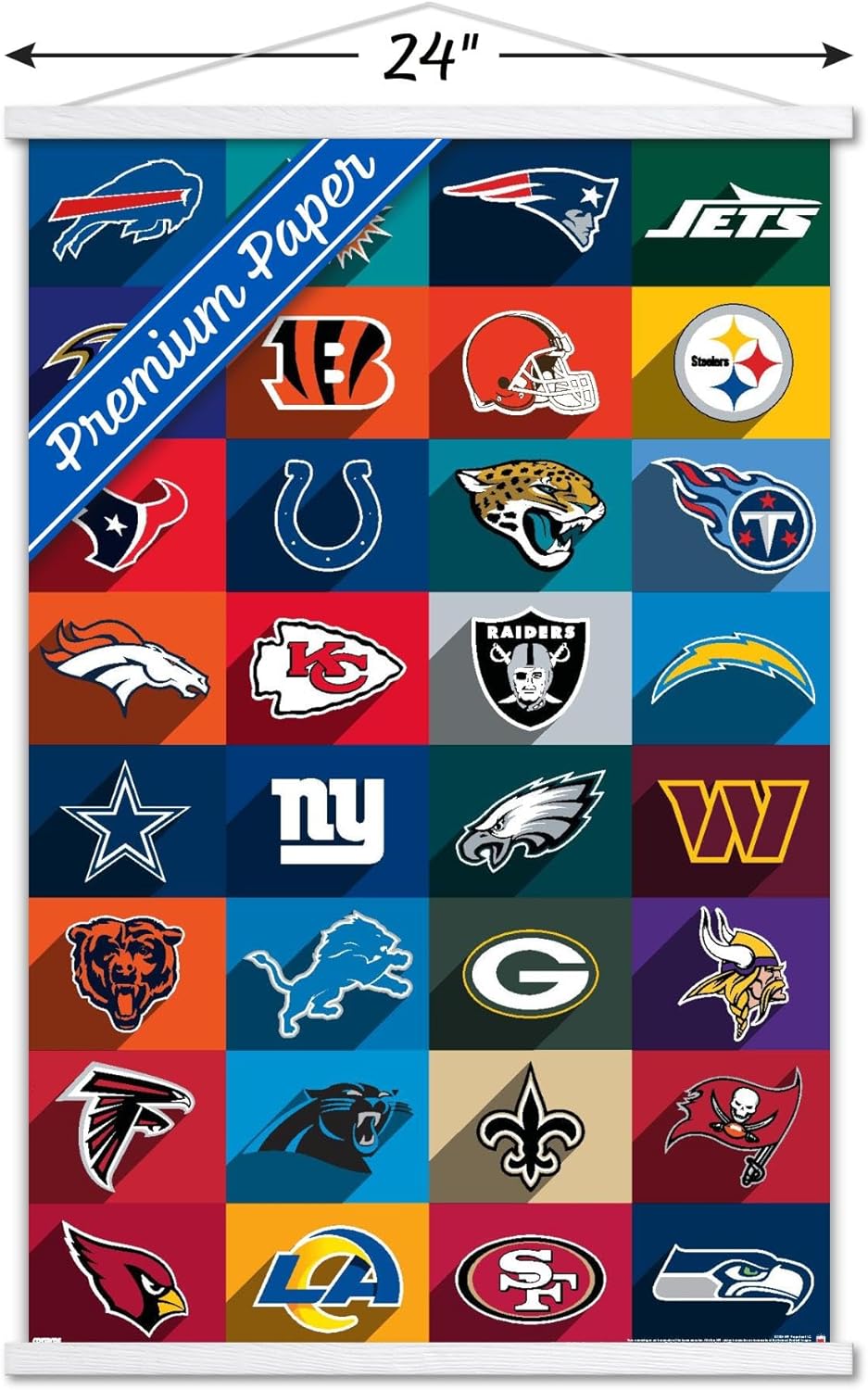 NFL League - Logos 24 Wall Poster with Magnetic Frame, 22.37" x 34.00", Premium Print and White Hanger Bundle