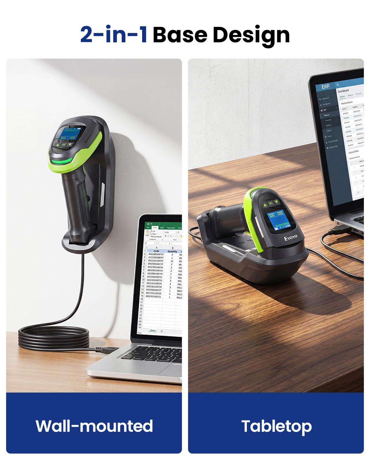 Eyoyo Escáner de Códigos de Barras 1D 2D QR con Pantalla y Base Triple Conexión Bluetooth Inalámbrico 2.4G y Cableado Compatible con iOS Android Windows