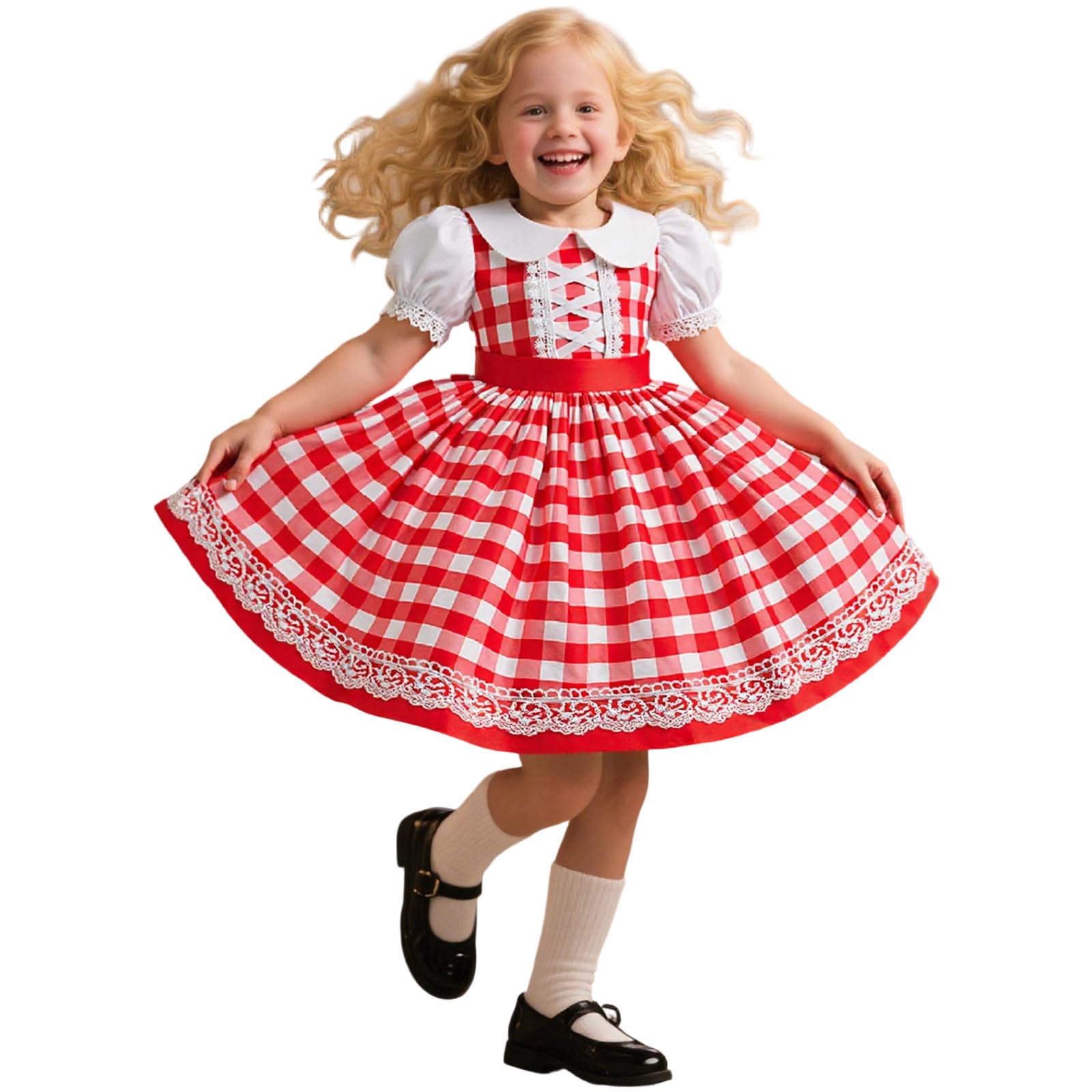 Costume Natalizio Bambine, Abito da festa natalizio a quadri a maniche corte per bambina