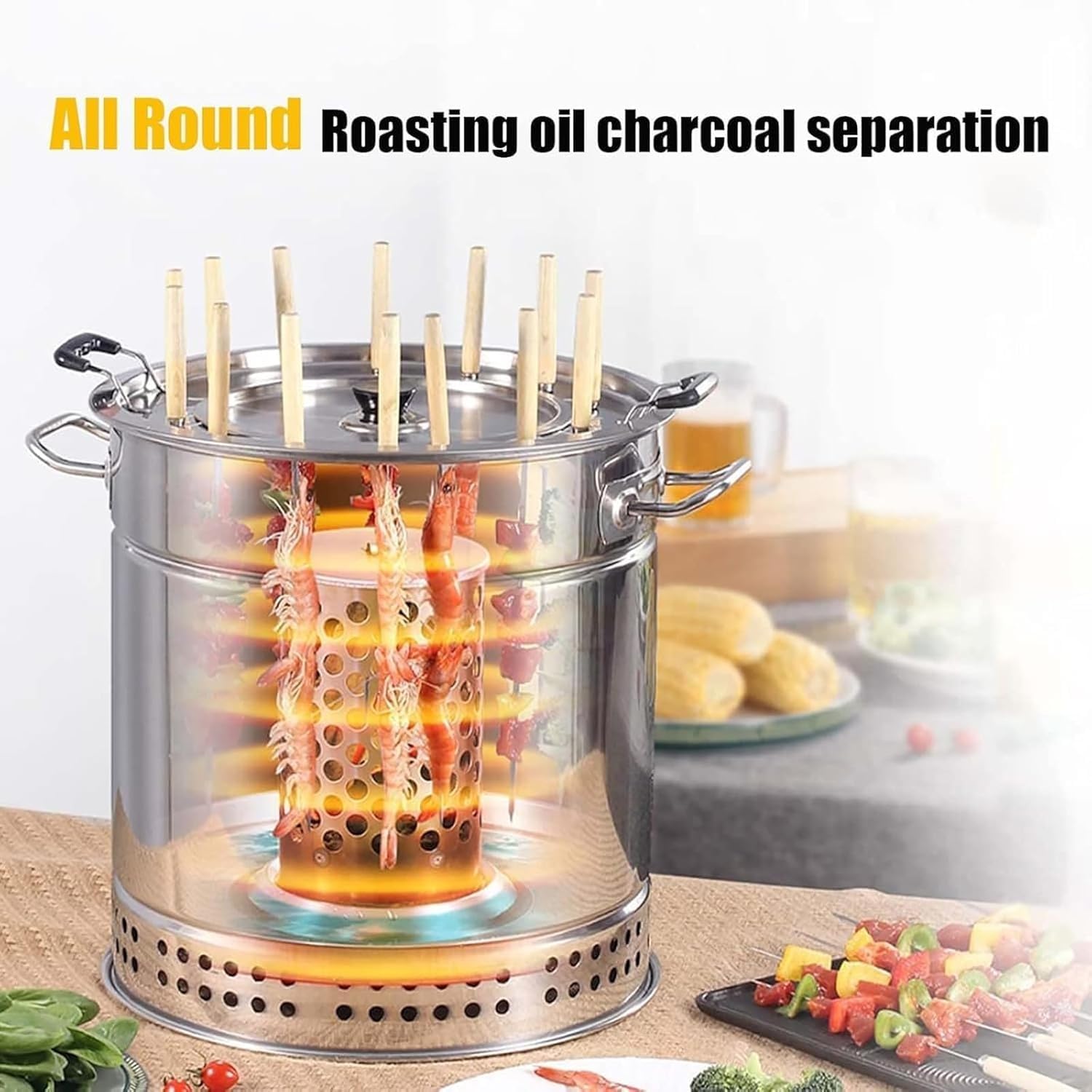 Barbecue portatile a carbone senza fumo, in acciaio inox, per interni ed esterni, girevole a 360°, griglia a barile a carbone per campeggio, picnic, patio e cortile