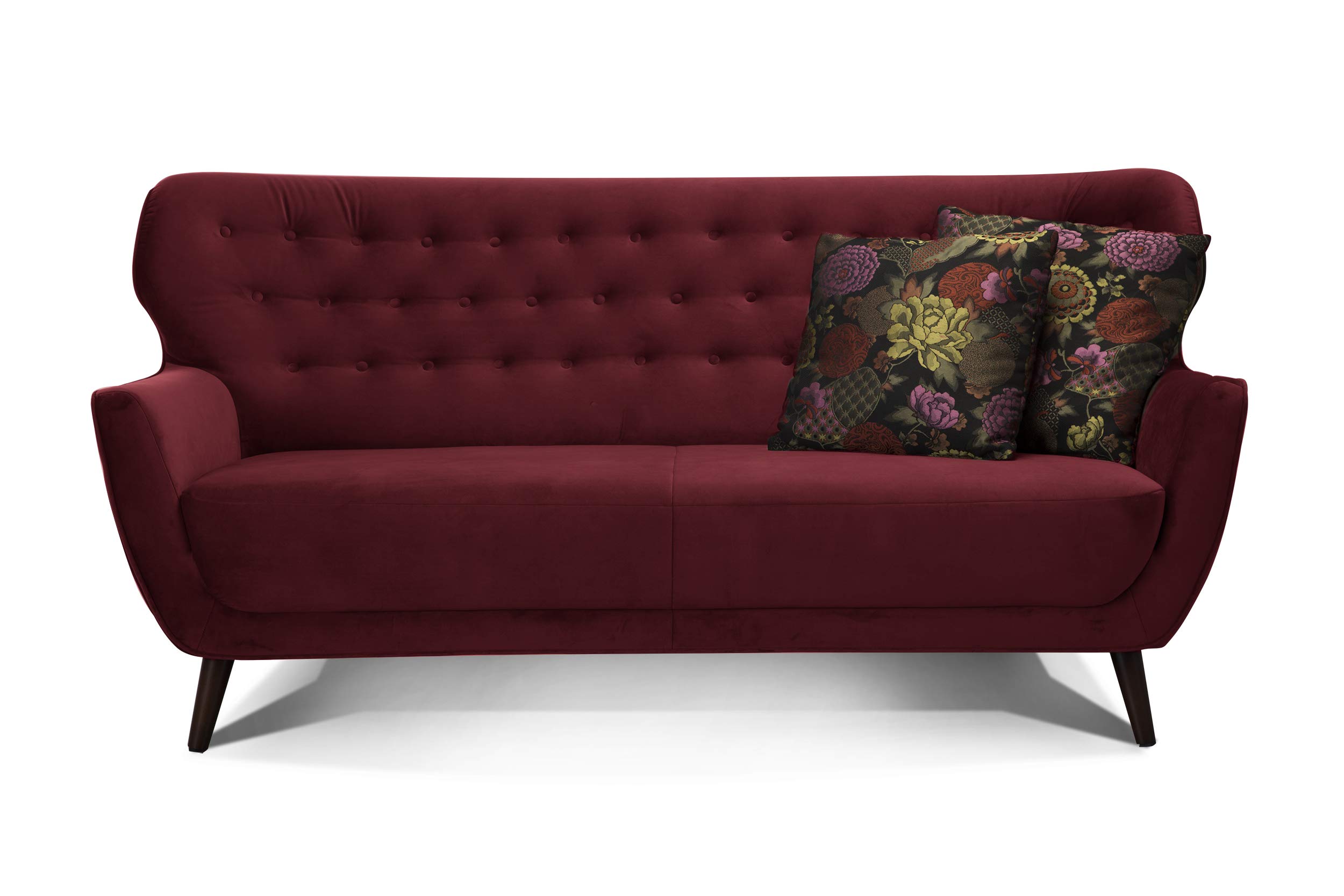 CAVADORE 3-Sitzer-Sofa Abby / Retro-Couch im Samt-Look mit Knopfheftung / 183 x 89 x 88 / Samtoptik, rot