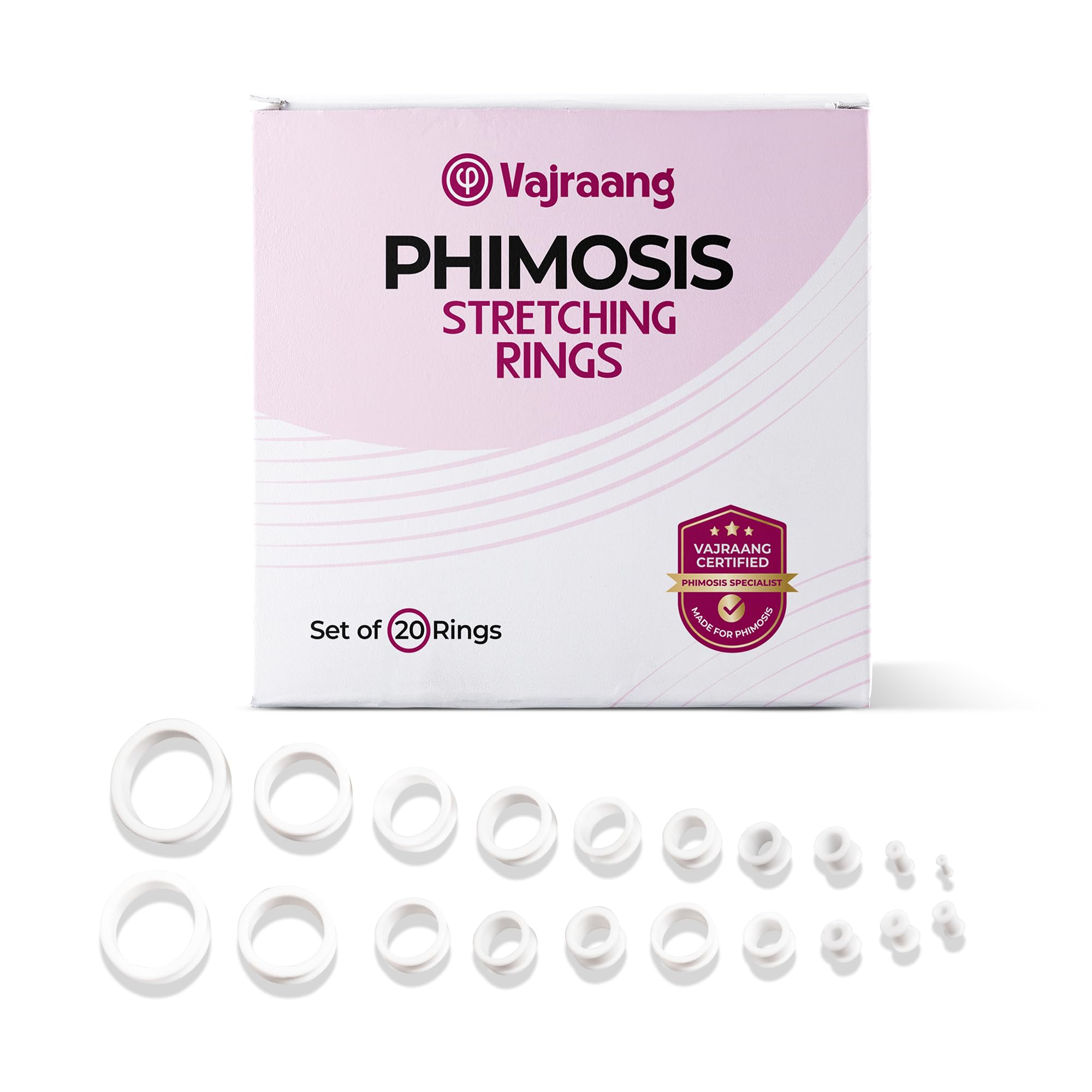 Vajraang Phimosis Stretching Rings – 20 Size Progressive Flexibility Training Set | Soft & Skin-Friendly Material | Easy-Use Comfort Rings for Daily Stretching | User Manual & Track Sheet Included