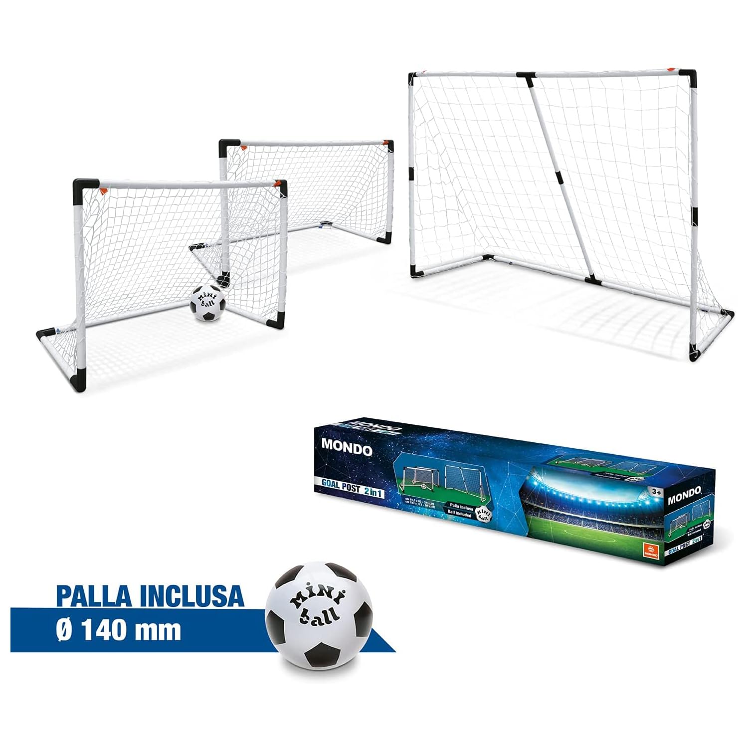 Mondo 18054 – 2 w 1 Goal Post, 2 bramki 91,5 x 63 cm lub 1 bramka 183 x 121 cm i mini piłka