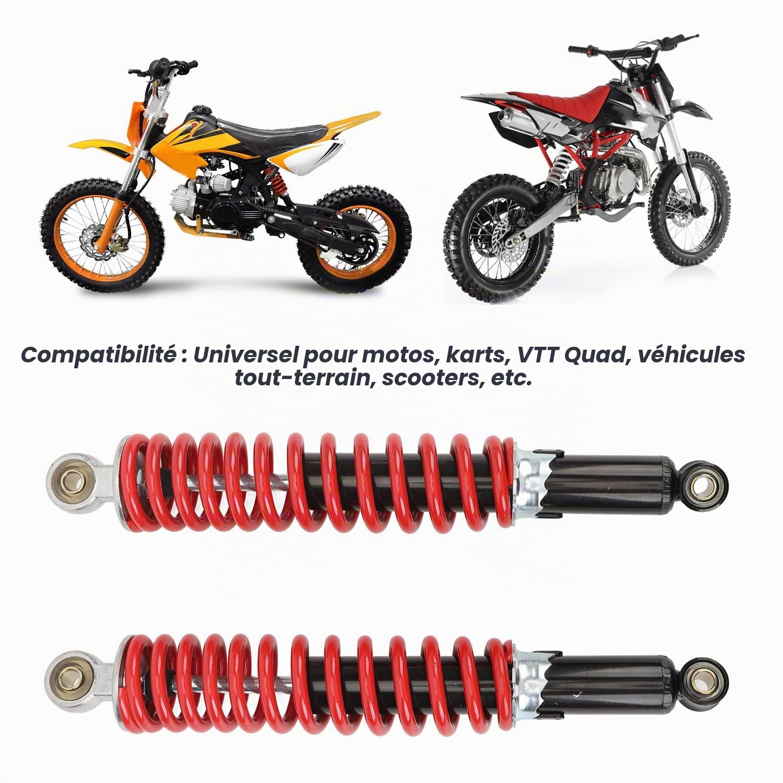 Lot de 2 Amortisseurs Universels de 350 Mm avec Ressort Haute Performance de 8 Mm, Adaptés pour les Motos Tout-terrain 50 C à 150 C C, ATV Quad et Scooters