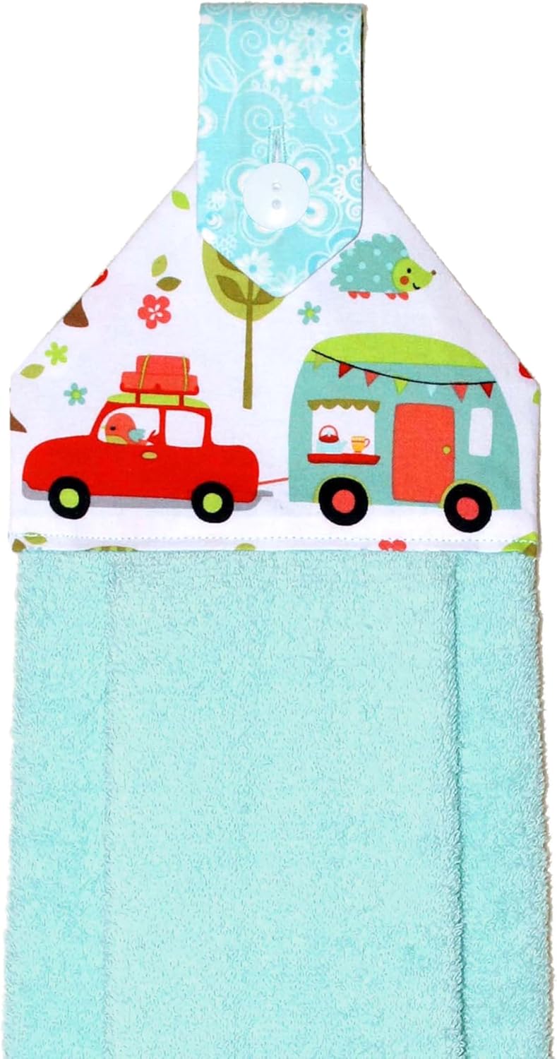 Hanging Hand Towel - Plush Turquoise Towel in Vibrant Retro RV Print - RV Camping Decor