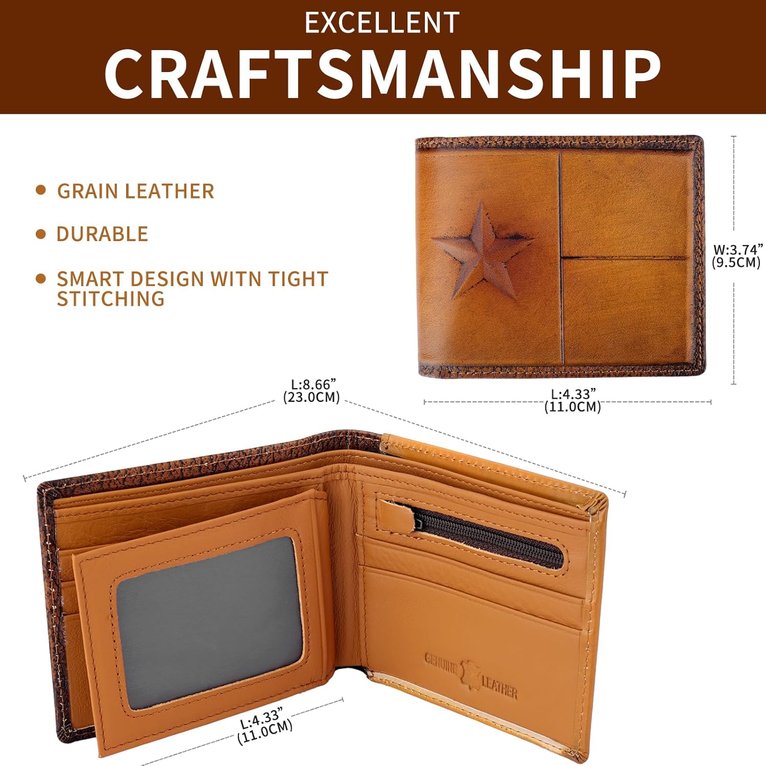 Full Grain Leather Bifold Wallet, RFID-Blocking for Men, Rodeo Style with 10 Slots (Brown, Stars), Gift - Image 5