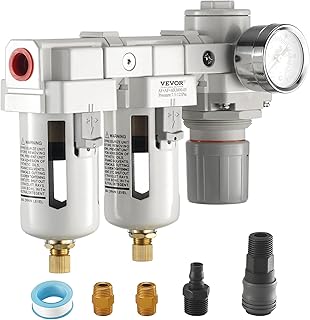 VEVOR Air Compressor Filter Regulator, 3/8" NPT 5μm Air Compressor Water Separator, Semi-Auto Drain Air Drying System with Brass Filter Element, Double Stage, 7.5-125PSI Pressure Regulator, Poly Bowl