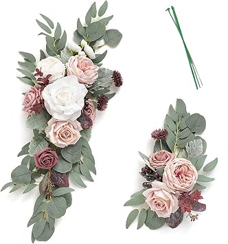2PCS Artificial Wedding Arch Flowers, Faux Rose Flower Swag Wedding Sign Decor Lintel Wreaths, Welcome Sign Arrangements Floral for Party Ceremony and Reception Backdrop DecorationChampagne