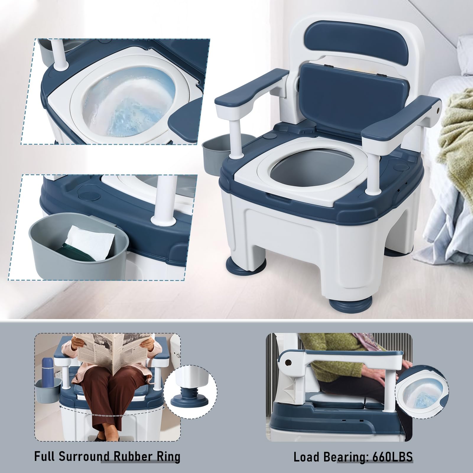 Nachtkommode, tragbare Toilette, Toilettenstuhl mit Griffen, höhenverstellbar, mobile tragbare Toilette, Erwachsenen-Töpfchenstuhl, Belastung 400 kg, für Senioren, Behinderungen, ältere