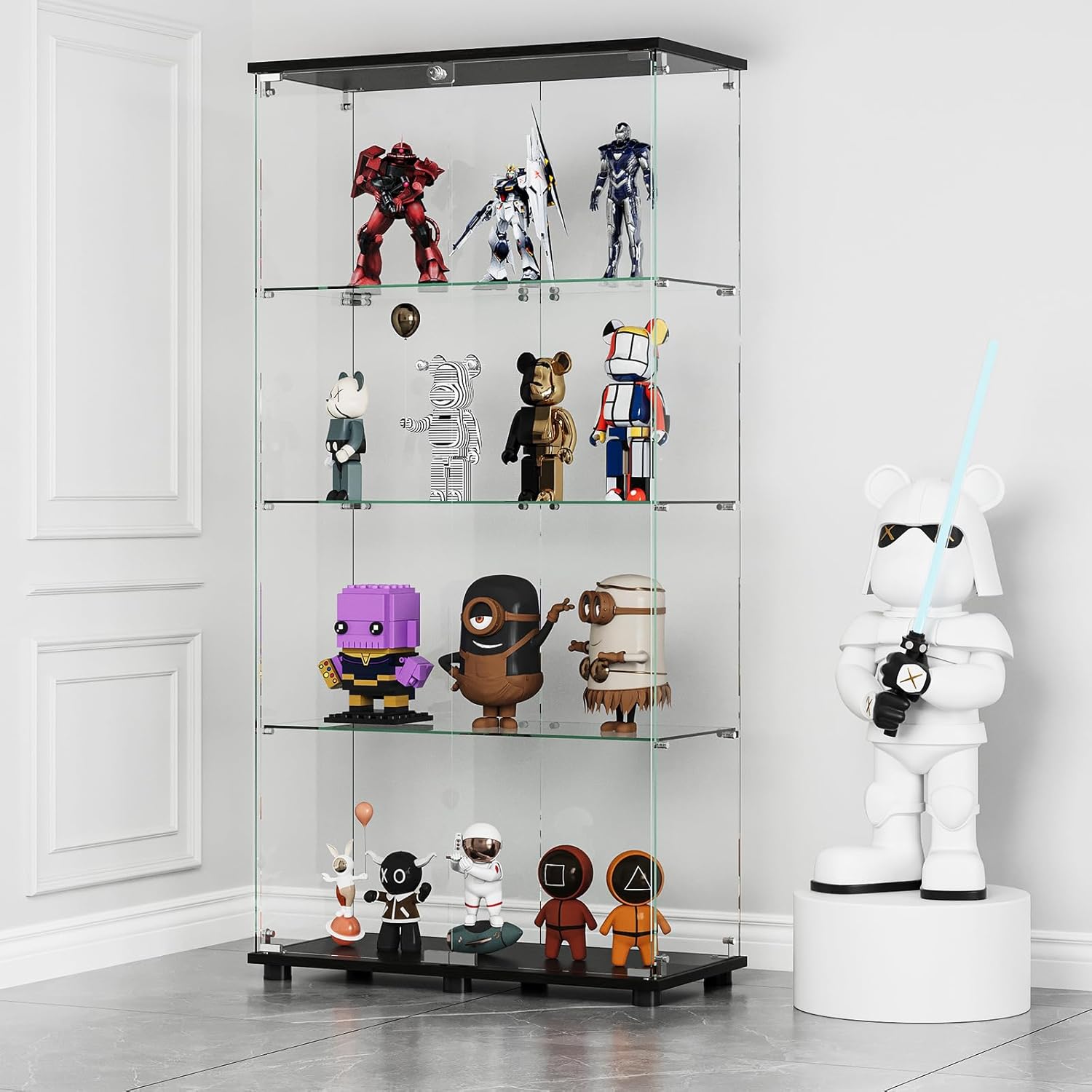 MODCART 64" Black Glass Curio Display Cabinet with Lockable Double Doors, 4 Tempered Glass Shelves for Living Room Office Bedroom