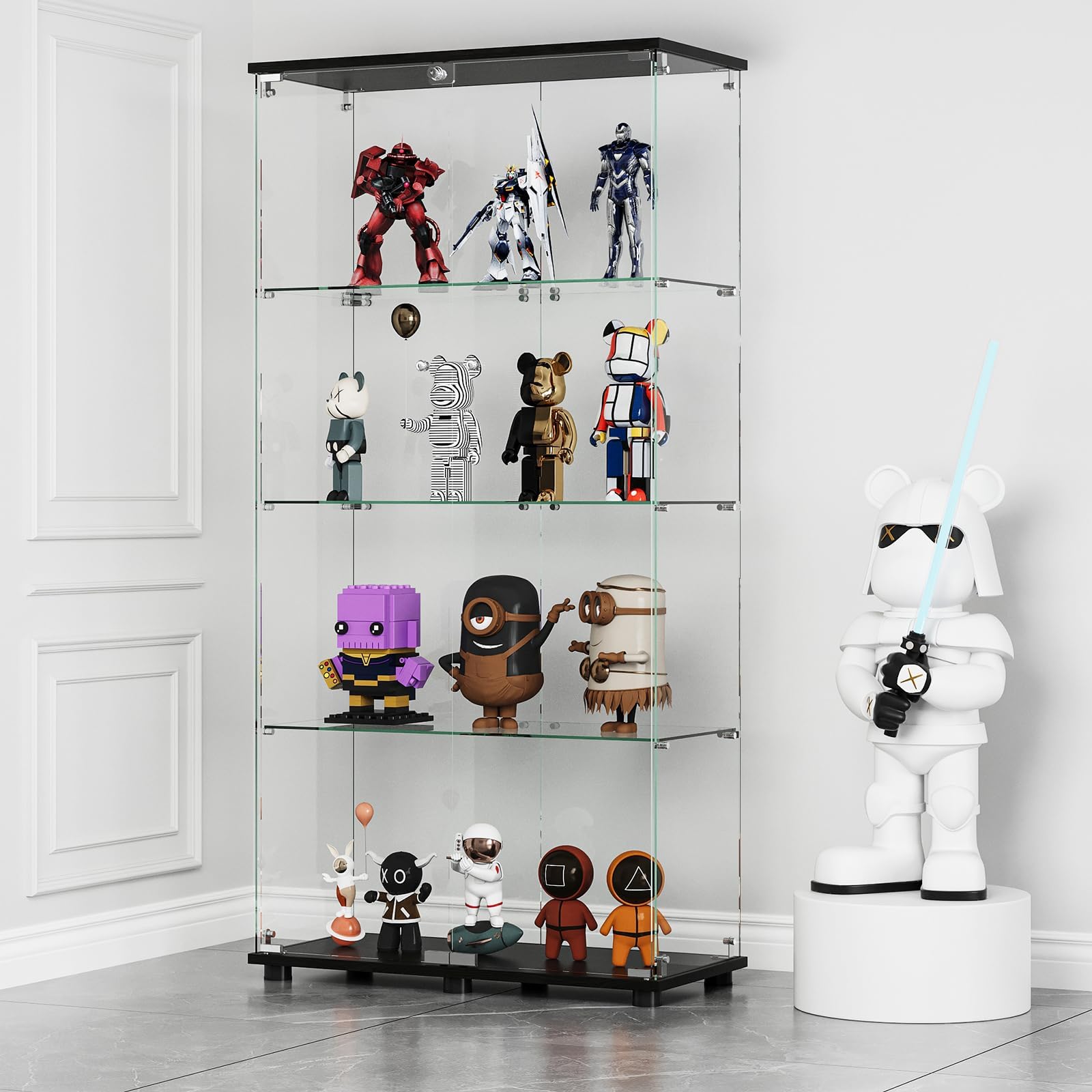 Glass Display Cabinet with 4-Shelf Double Doors and Lock, Curio Cabinet 5mm Tempered Glass Floor Standing Bookshelf for Living Room, Bedroom, Office, 64 x 31.7 x 14.3 in, Black