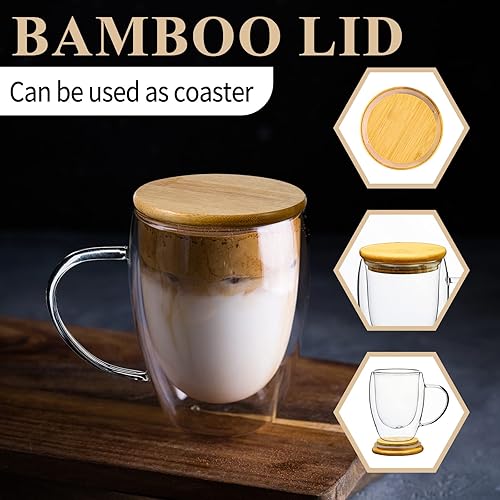Miniatura 2 de PARACITY Juego de 2 tazas de café de vidrio con tapa de bambú/cuchara, tazas de té transparentes con aislamiento de doble pared de 12 onzas con mano