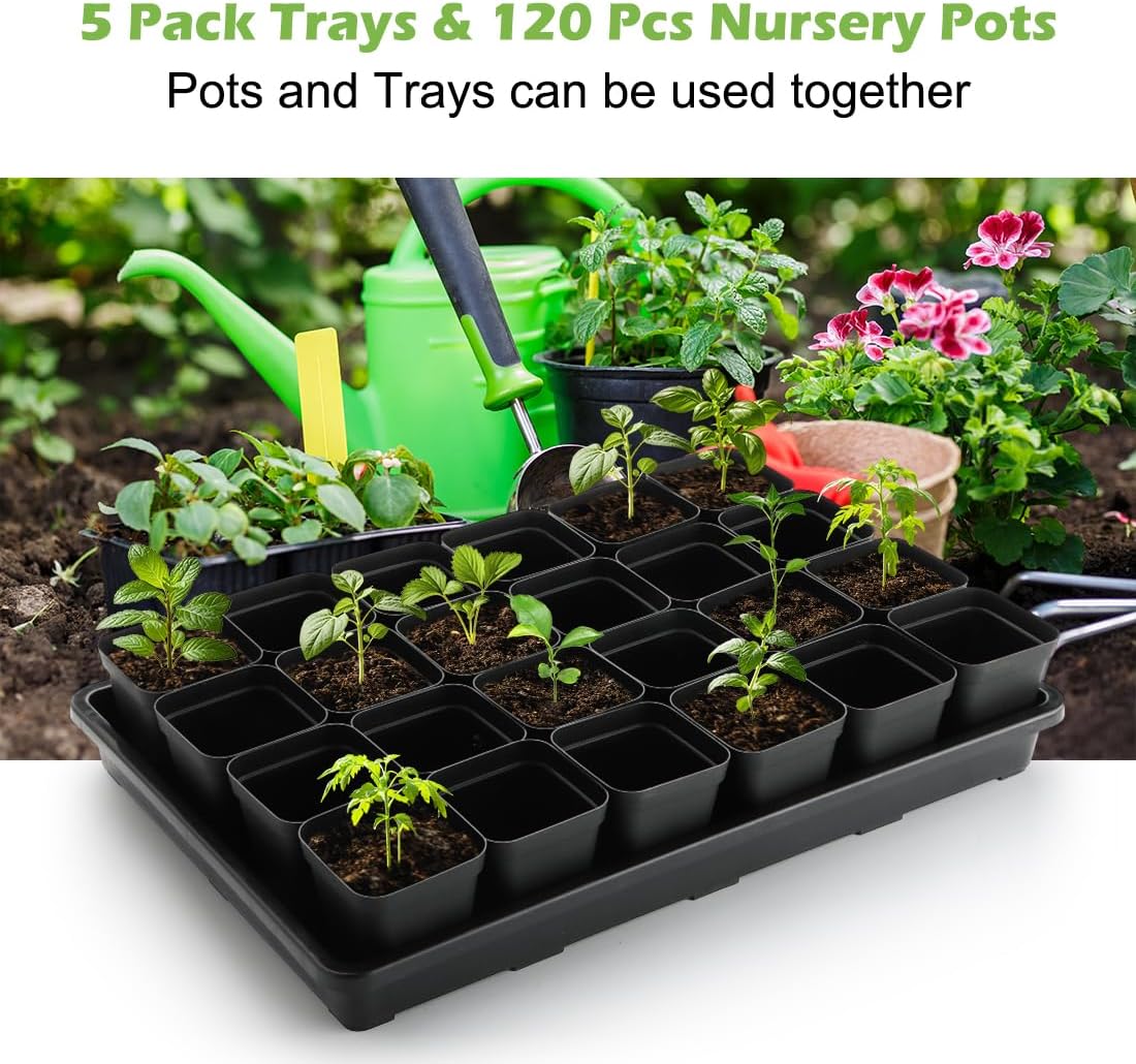 RooTrimmer 2.8 inch (7CM) Square Nursery Pots 120pcs with 5 Pack Seed Starter Trays, Durable Plastic Flat Seedling Tray (17"x11"x2") for Carrying and Holding Plant Nursery Pot (Black)