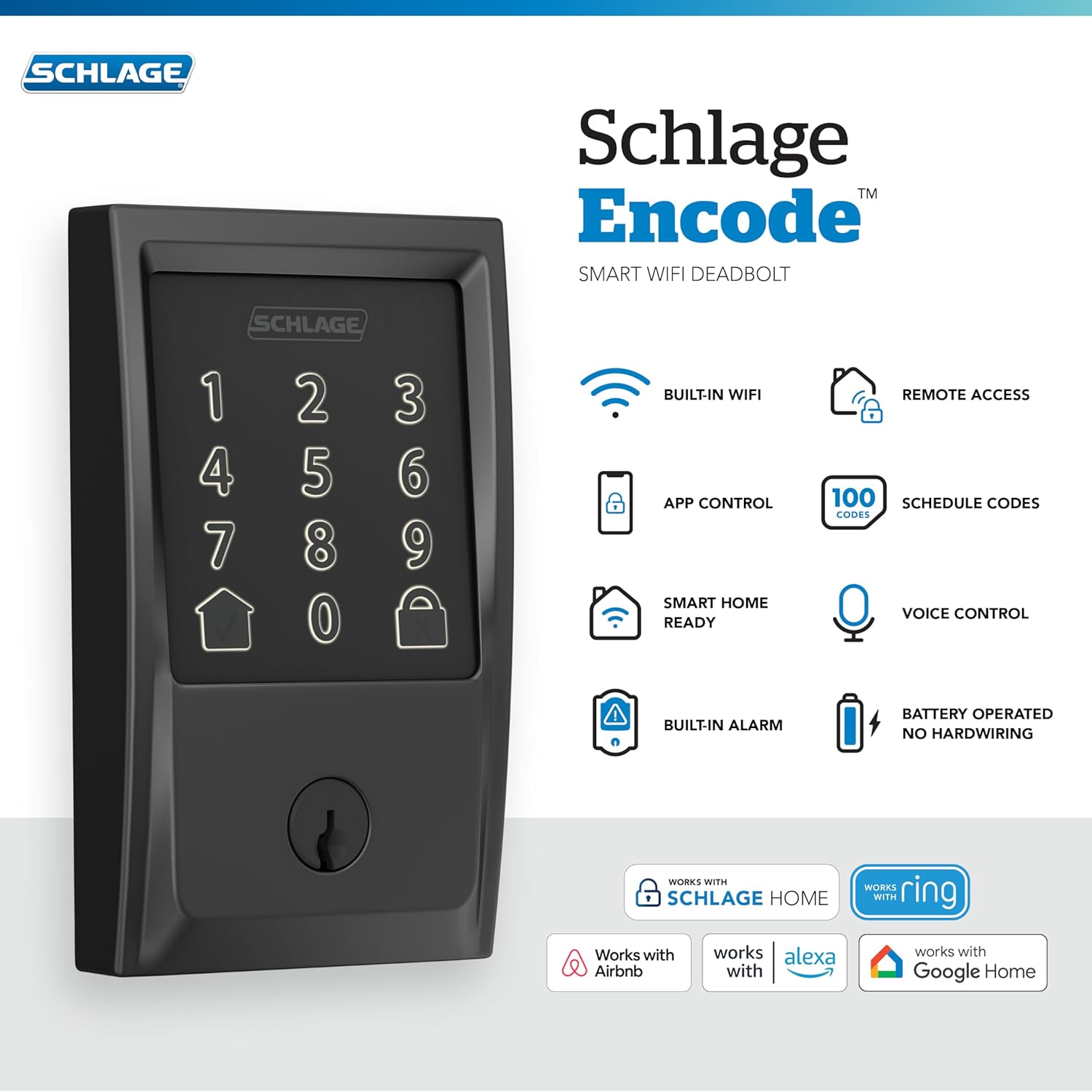 Schlage Encode Smart Wi-Fi Deadbolt Lock with Touchscreen Keypad, Keyless Front Door Entry, App Control, Alexa, Google Home and Airbnb Compatible, Matte Black, BE489WB CEN 622