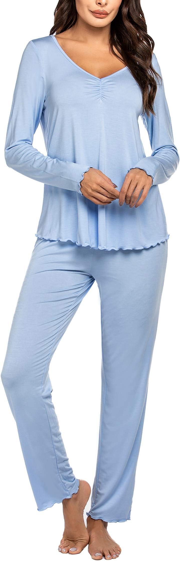 Ekouaer Pajamas for Women Soft Sleepwear Set Long Sleeve Comfy Pjs Top Loose Fit Pj Pants Loungewear