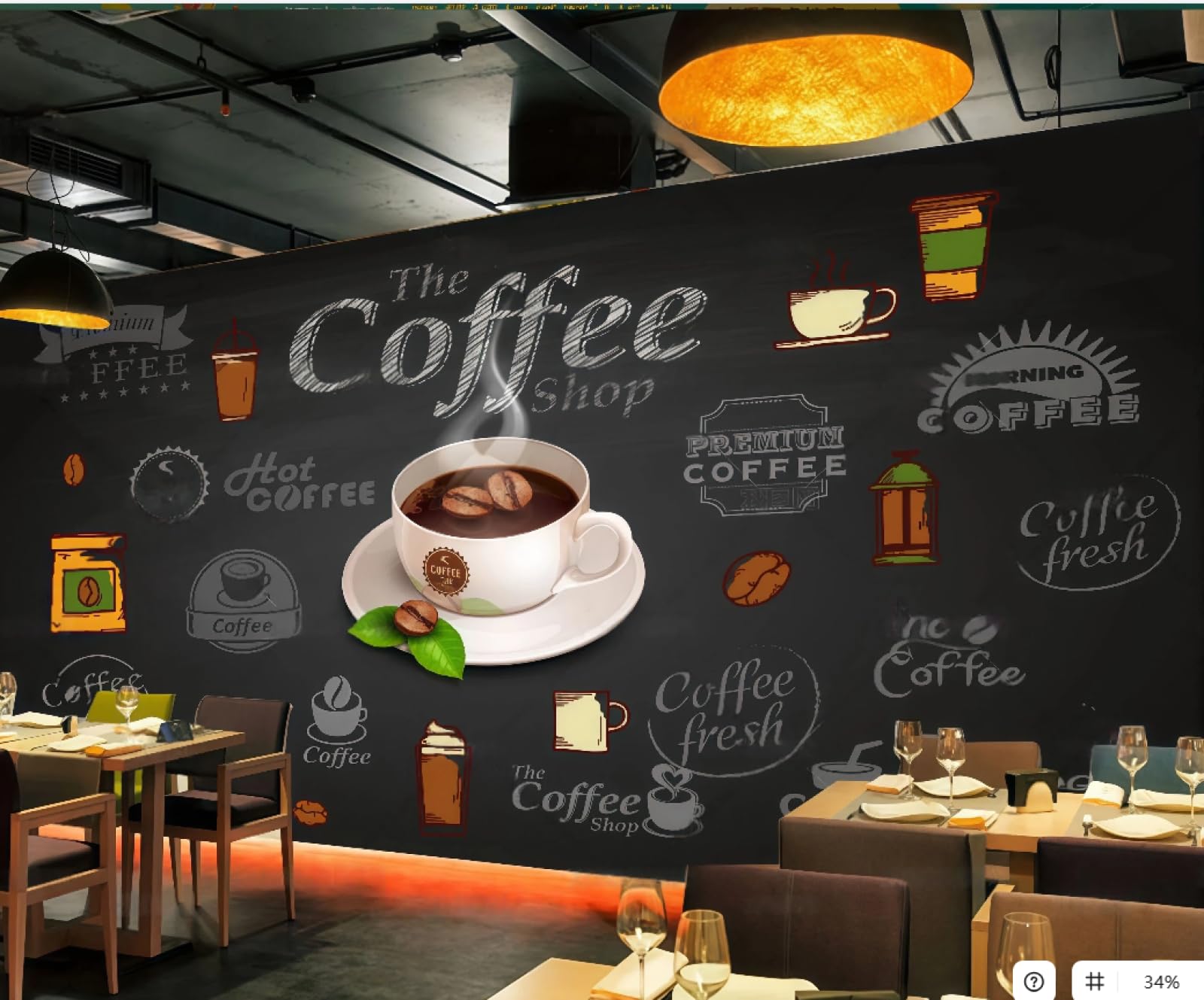 XDOUBAO Wallpaper Fashion Blackboard Hand-Painted English Coffee Drink Dessert Theme Afternoon Tea Western Restaurant Background Wallpaper Coffee Shop Mural,3D,300x210cm